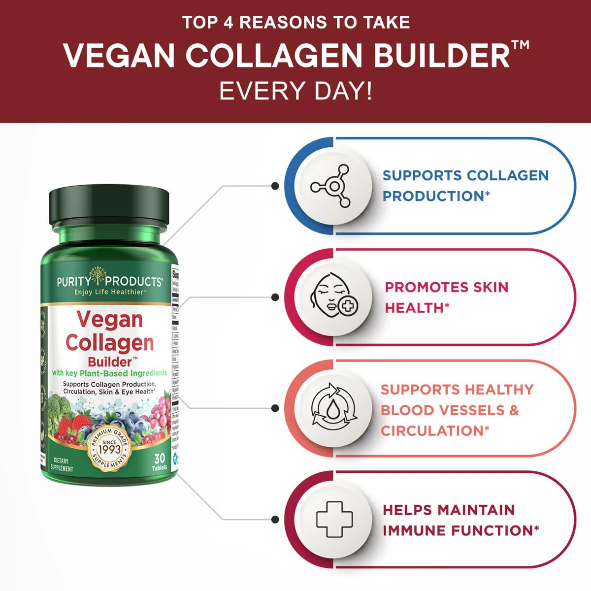 Vegan Collagen Builder - Organic Whole Foods Fruits + Veg, Silica, Lutein, Vitamin C, Biotin, Grape Seed - Amino Acids Glycine, Lysine + Proline Collagen Boosters (30 Servings, Tablets) - Image 6