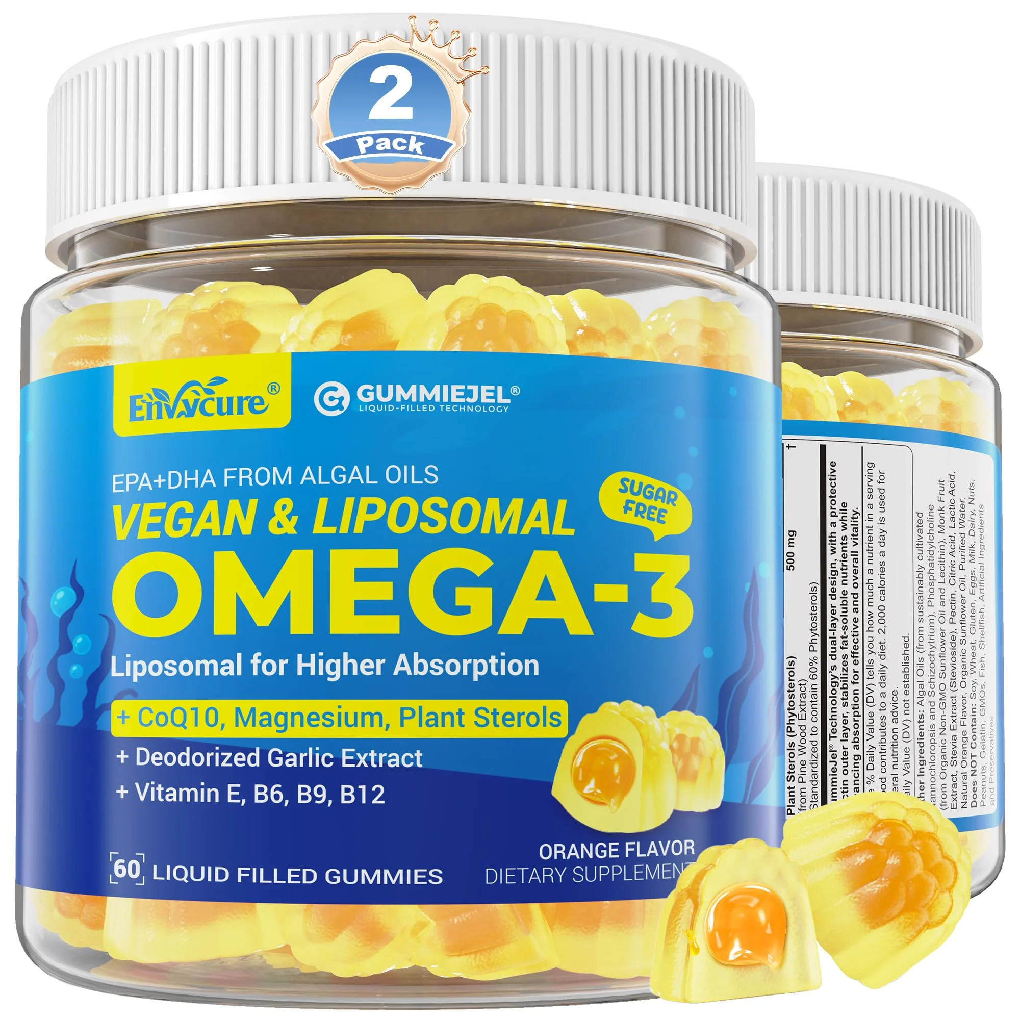Vegan Omega-3 Gummies 1000mg +CoQ10+Magnesium- EPA 600mg DHA 400mg, Fish Oil Omega 3 Supplements Alternative for Women Men Adults, Liposomal, Algae, Plant Sterols, Garlic,B6,B9, B12, Sugar Free, 2Pack