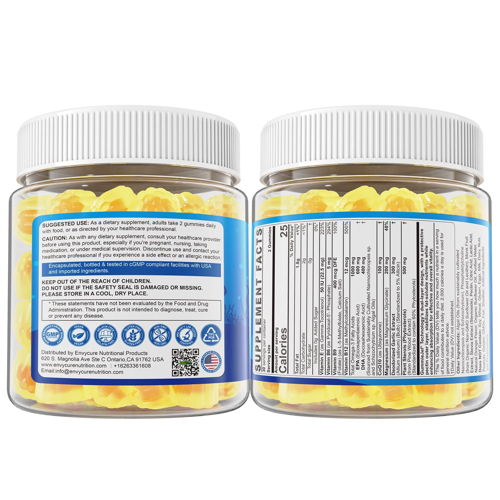 Vegan Omega-3 Gummies 1000mg +CoQ10+Magnesium- EPA 600mg DHA 400mg, Fish Oil Omega 3 Supplements Alternative for Women Men Adults, Liposomal, Algae, Plant Sterols, Garlic,B6,B9, B12, Sugar Free, 2Pack - Image 2