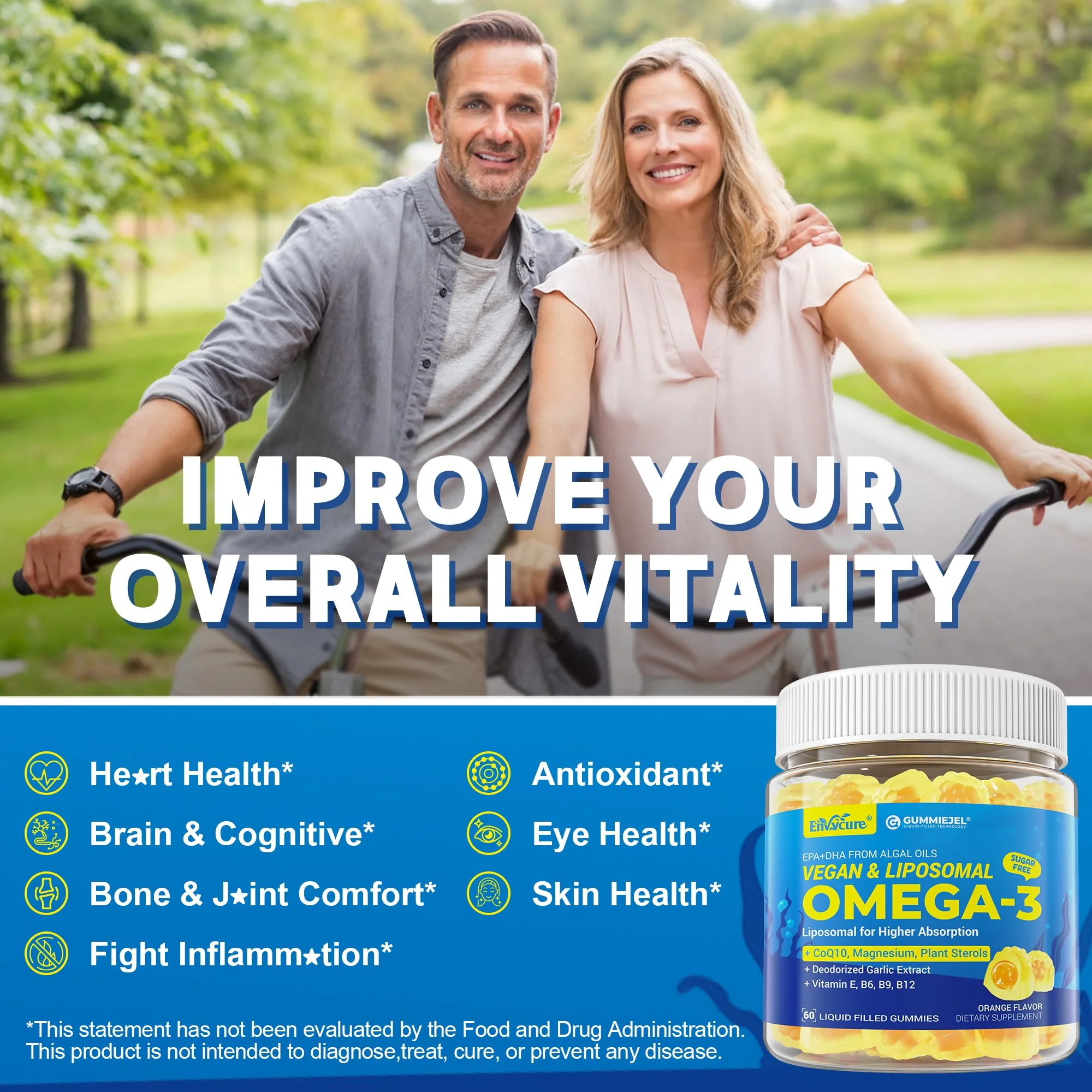 Vegan Omega-3 Gummies 1000mg +CoQ10+Magnesium- EPA 600mg DHA 400mg, Fish Oil Omega 3 Supplements Alternative for Women Men Adults, Liposomal, Algae, Plant Sterols, Garlic,B6,B9, B12, Sugar Free, 2Pack - Image 4