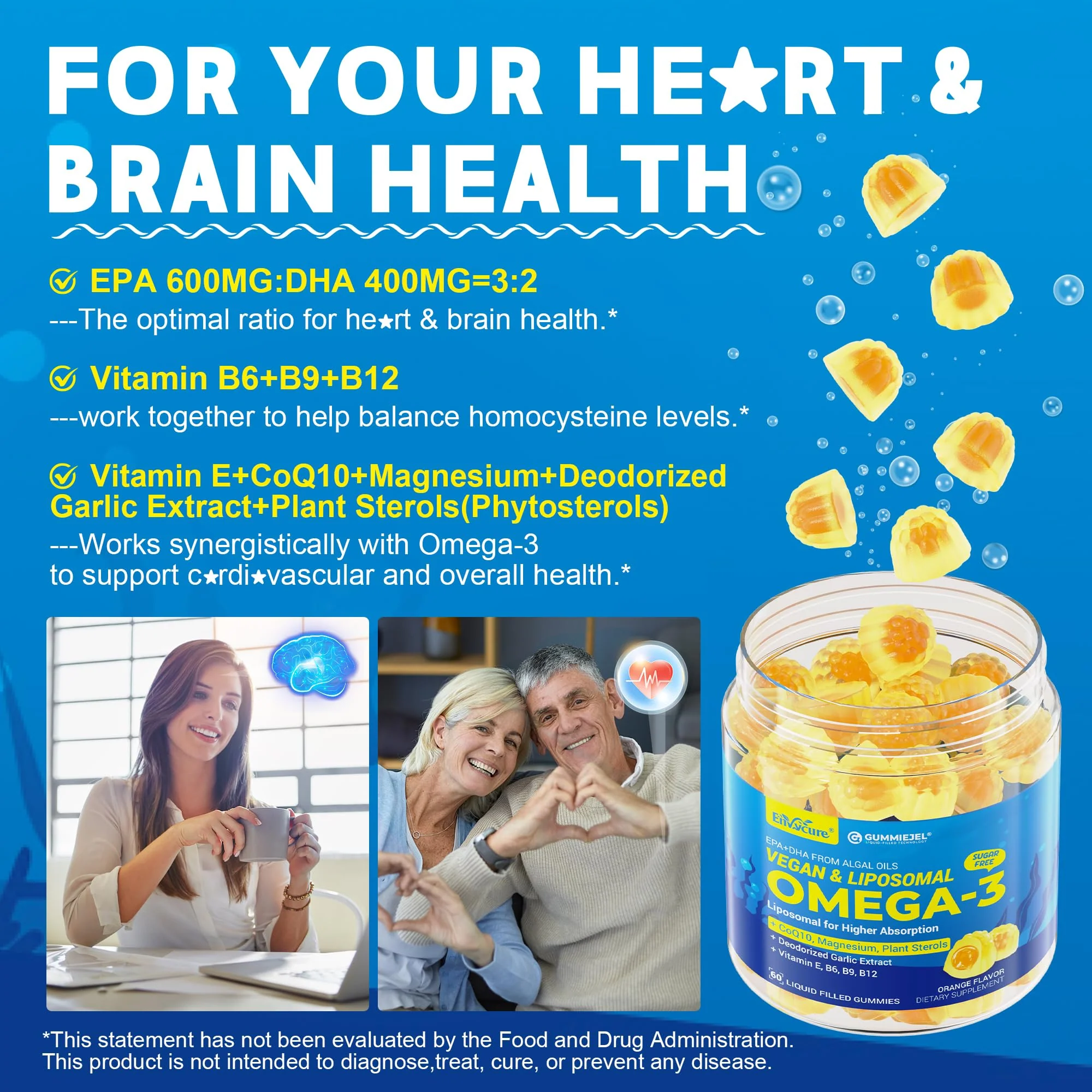 Vegan Omega-3 Gummies 1000mg +CoQ10+Magnesium- EPA 600mg DHA 400mg, Fish Oil Omega 3 Supplements Alternative for Women Men Adults, Liposomal, Algae, Plant Sterols, Garlic,B6,B9, B12, Sugar Free, 2Pack - Image 5