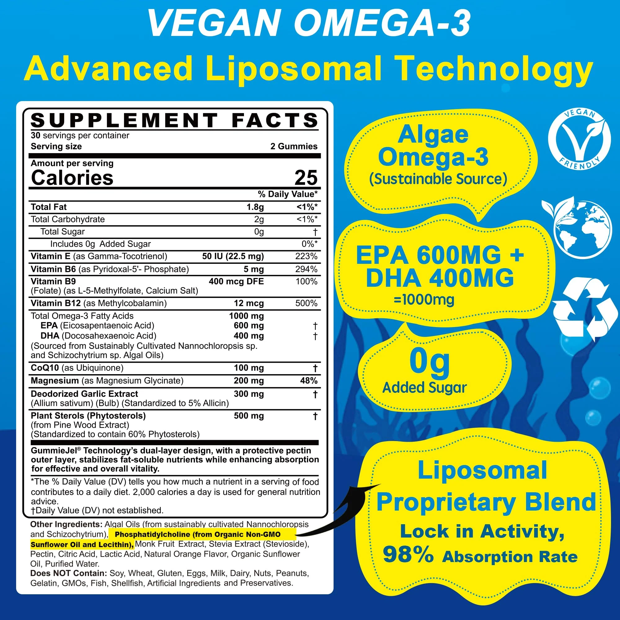 Vegan Omega-3 Gummies 1000mg +CoQ10+Magnesium- EPA 600mg DHA 400mg, Fish Oil Omega 3 Supplements Alternative for Women Men Adults, Liposomal, Algae, Plant Sterols, Garlic,B6,B9, B12, Sugar Free, 2Pack - Image 8