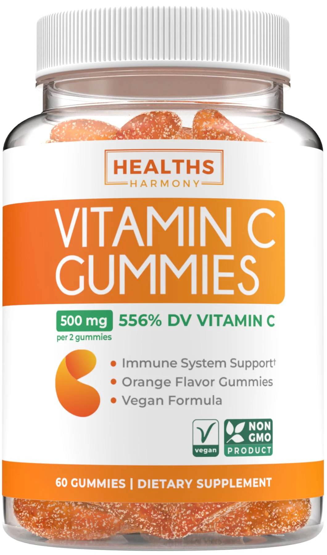 Vegan Vitamin C Gummies for Adults - Immune Support Gummies with Chewable Vitamin C 500mg per Serving for Daily and Seasonal Wellness - High Potency Non-GMO Formula - Orange Flavor (1 Month Supply)