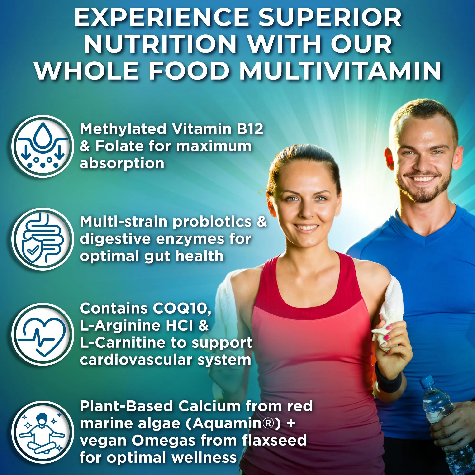 Vegan Whole Food Daily Multivitamin with Iron, Methylated Multivitamin for Women and Men, Made with Fruits & Vegetables, B-Complex, Probiotics, Enzymes, CoQ10, Omegas, Turmeric, Non-GMO, 180 Count - Image 2