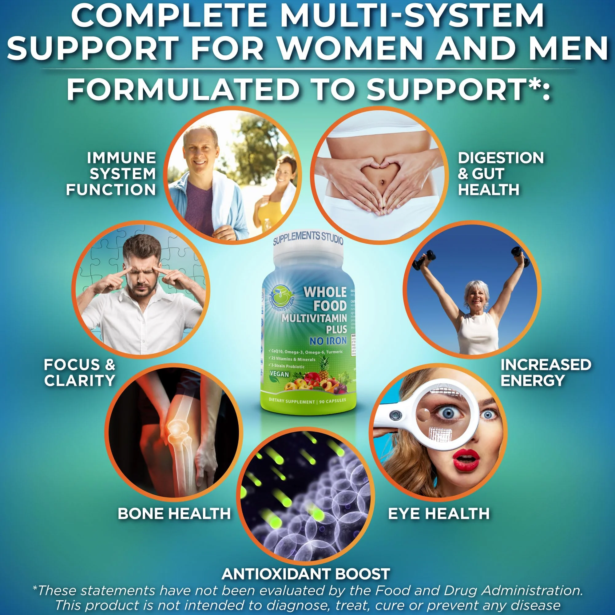 Vegan Whole Food Daily Multivitamin Without Iron, Methylated Multivitamin for Women and Men, Made with Fruits & Vegetables, B-Complex, Probiotics, Enzymes, CoQ10, Omegas, Turmeric, Non-GMO, 90 Count - Image 3