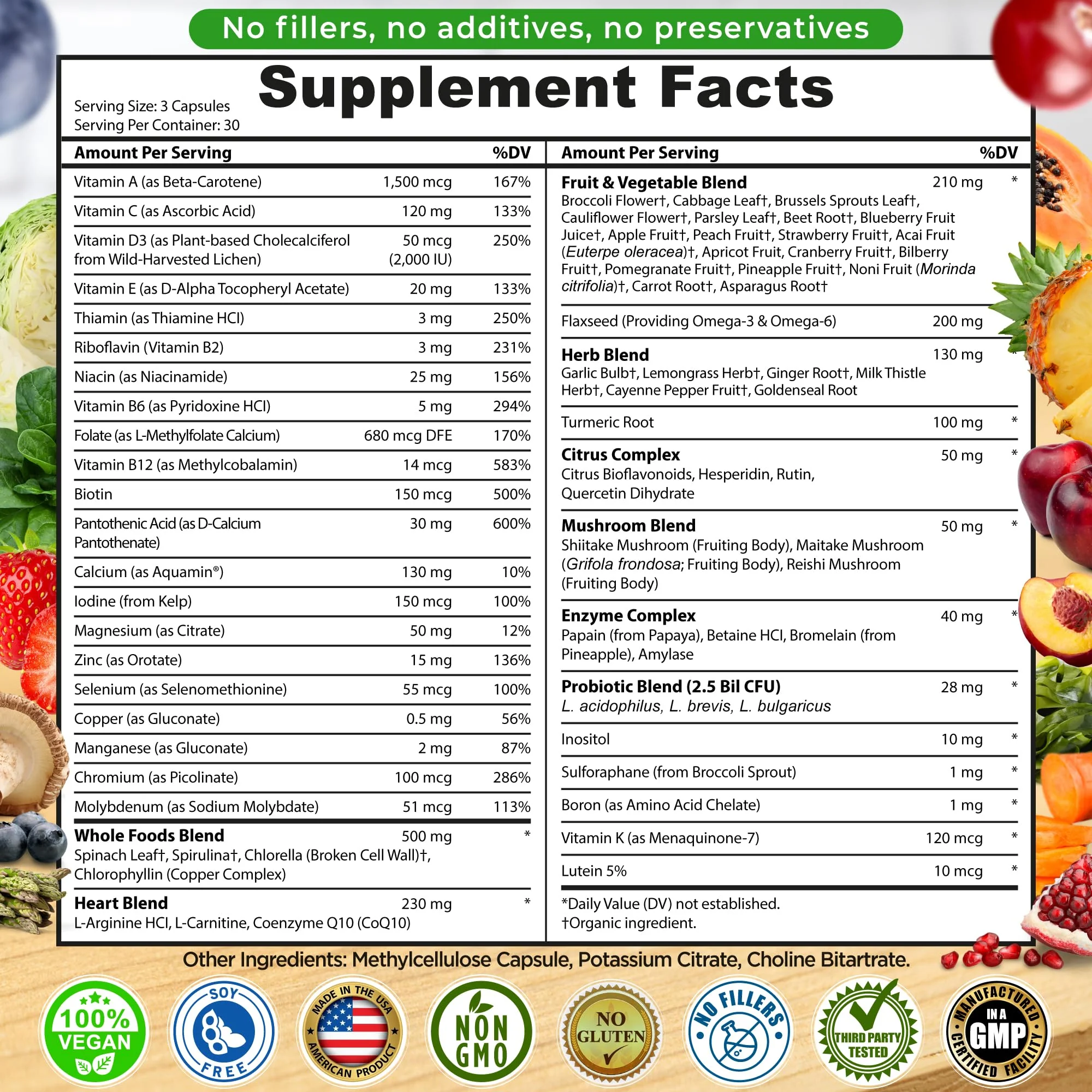 Vegan Whole Food Daily Multivitamin Without Iron, Methylated Multivitamin for Women and Men, Made with Fruits & Vegetables, B-Complex, Probiotics, Enzymes, CoQ10, Omegas, Turmeric, Non-GMO, 90 Count - Image 6