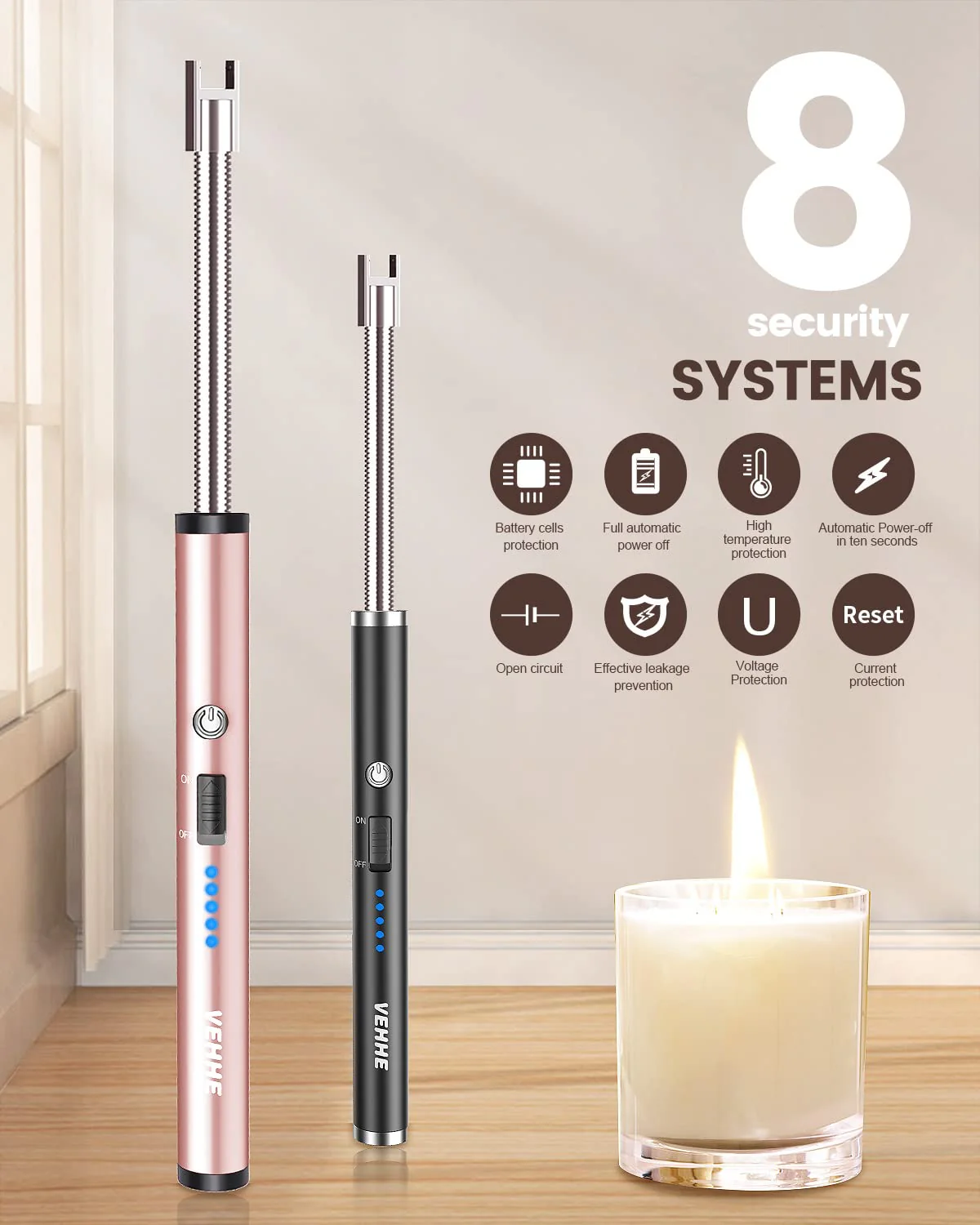 VEHHE Candle Lighter, 2 Pack Rechargeable Electric Lighter with LED Battery Display Safety Switch, Flexible Neck USB Lighters for Candles Camping Grill Gas Stoves Cooking (Black & Pink) - Image 8