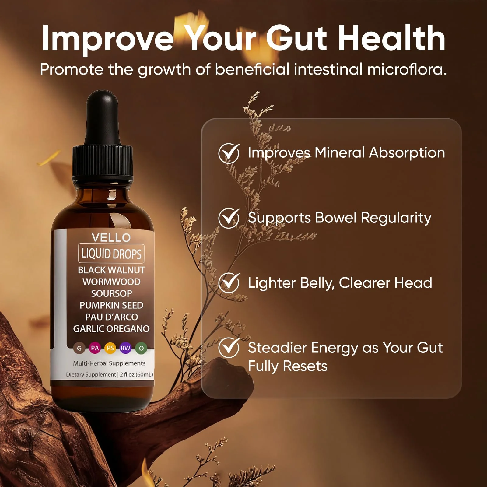 Vello Black Walnut Wormwood Gut Cleanse, Wormwood Black Walnut Clove Drops with Garlic Oregano, Soursop, Pau D'arco, Pumpkin Seed Extracts, Support Gut & Digestion Balance, Improve Energy (2) - Image 5