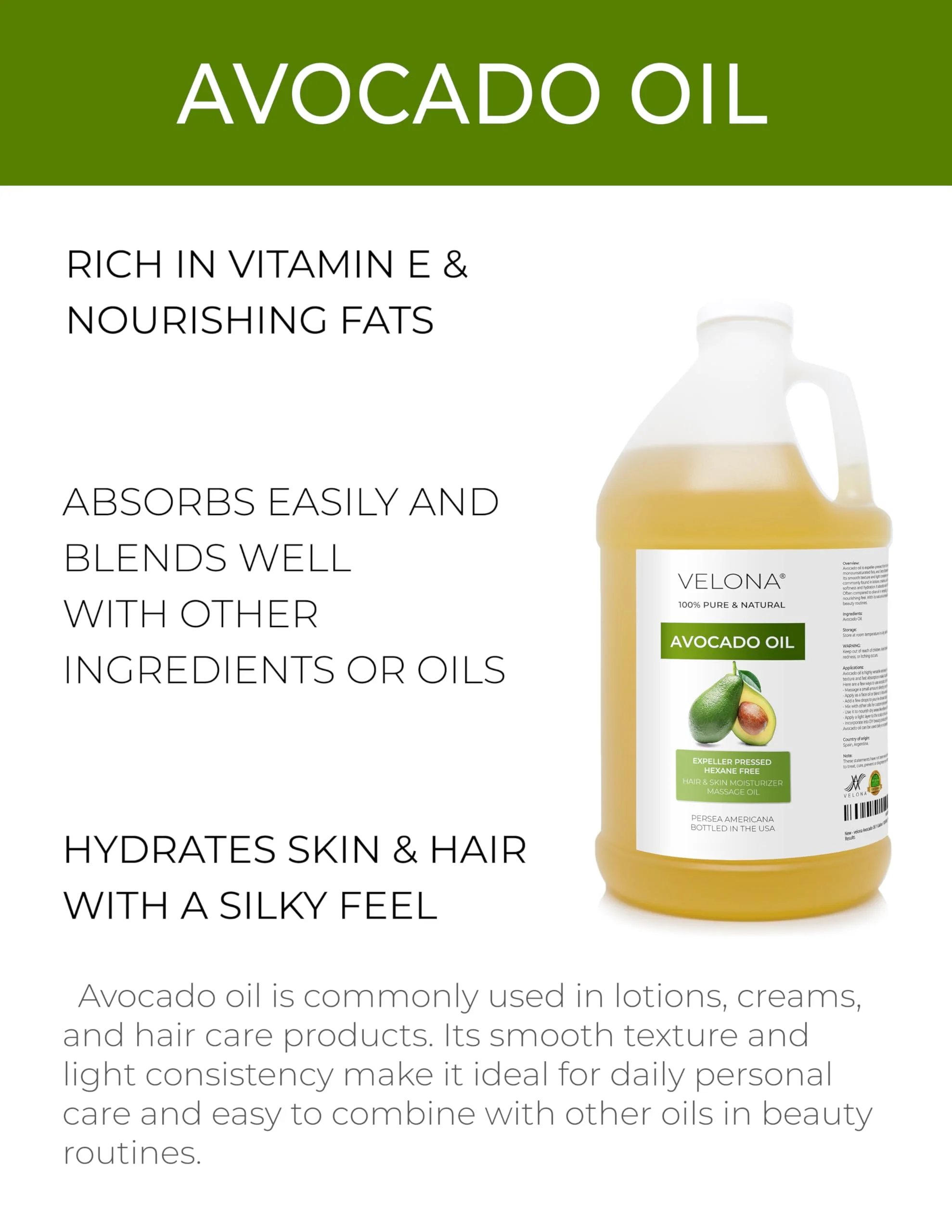 velona Avocado Oil 64 Fl Oz | 100% Pure and Natural Carrier Oil | Expeller-Pressed | Hair, Body and Skin Care | Use Today - Enjoy Results - Image 5