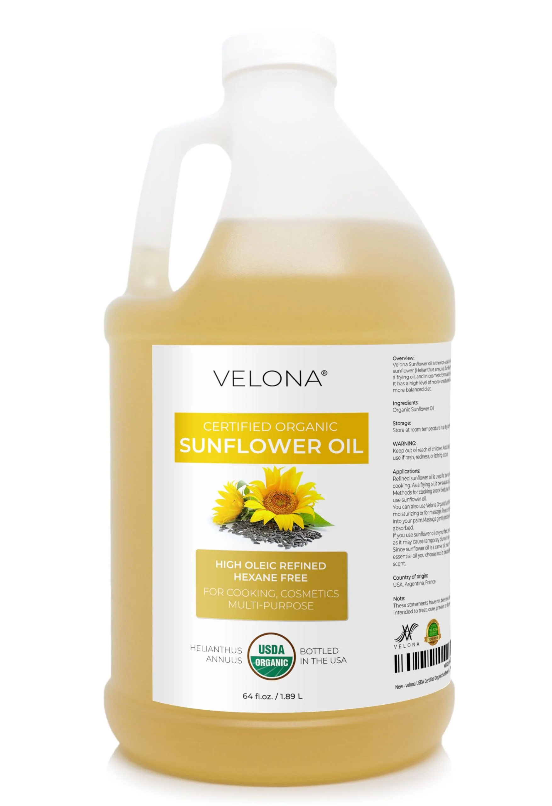 velona USDA Certified Organic Sunflower Oil - 64 Fl Oz | 100% Pure and Natural Carrier Oil | High Oleic, Refined| Cooking, Skin, Hair, Body & Face Moisturizing