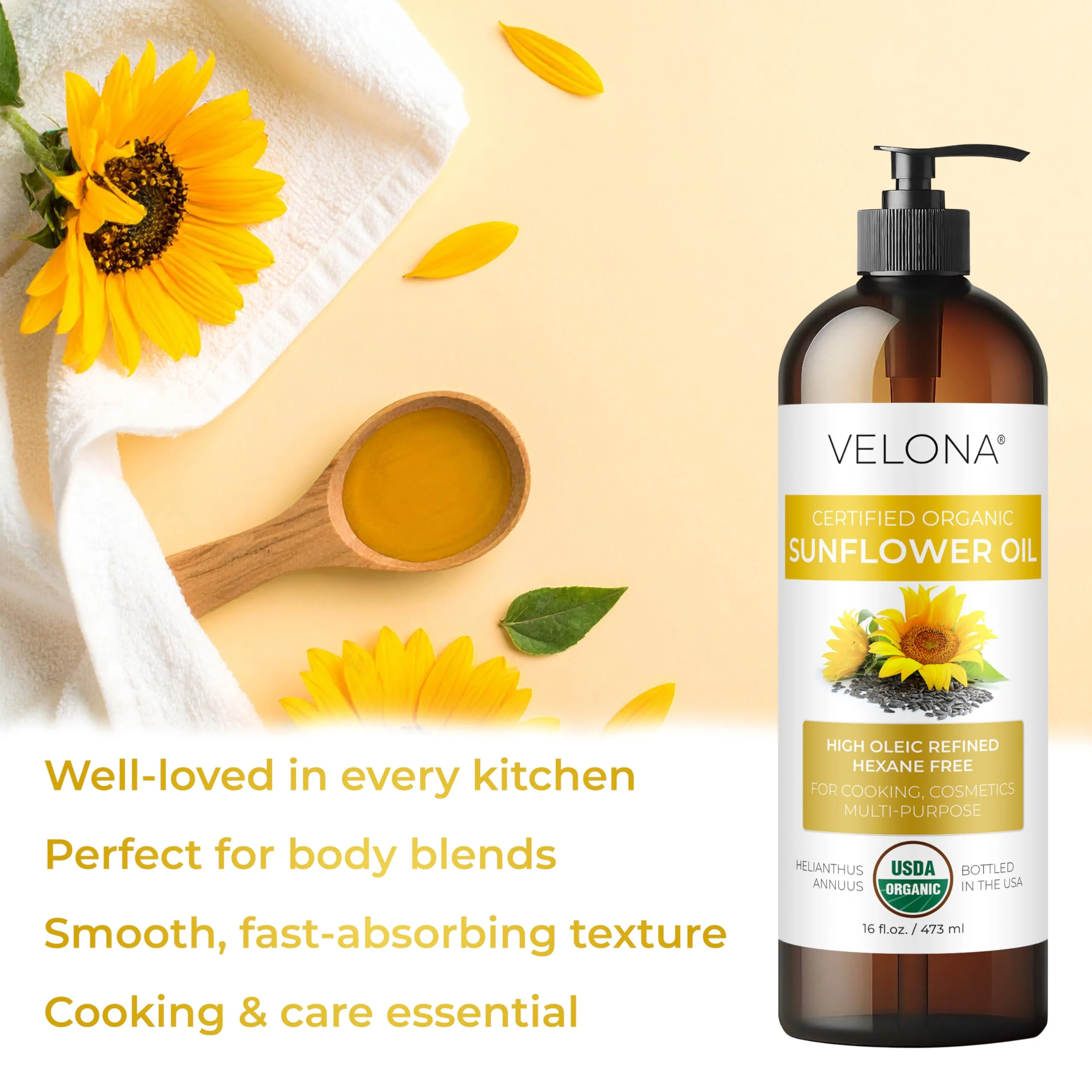 velona USDA Certified Organic Sunflower Oil - 64 Fl Oz | 100% Pure and Natural Carrier Oil | High Oleic, Refined| Cooking, Skin, Hair, Body & Face Moisturizing - Image 3