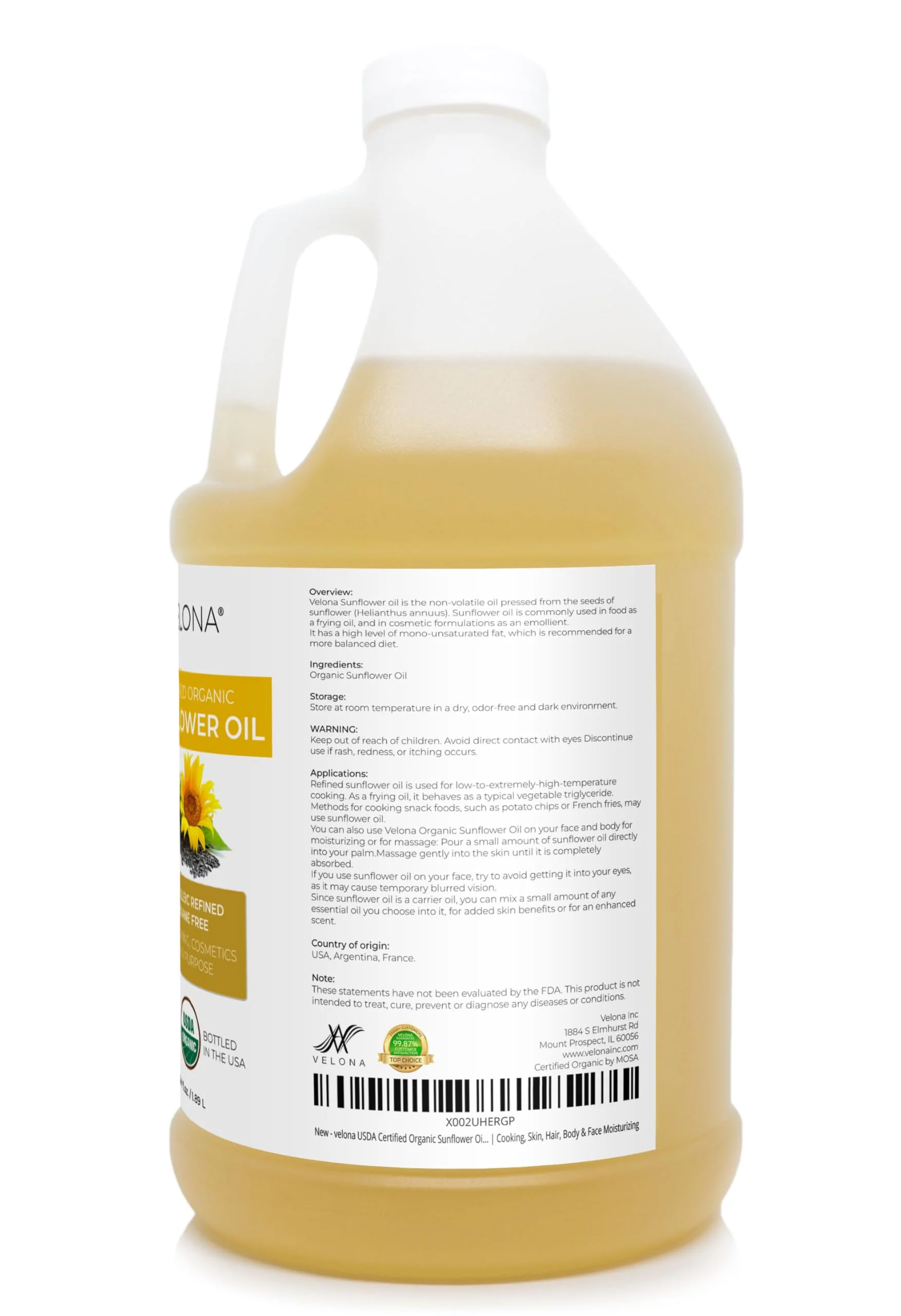 velona USDA Certified Organic Sunflower Oil - 64 Fl Oz | 100% Pure and Natural Carrier Oil | High Oleic, Refined| Cooking, Skin, Hair, Body & Face Moisturizing - Image 4
