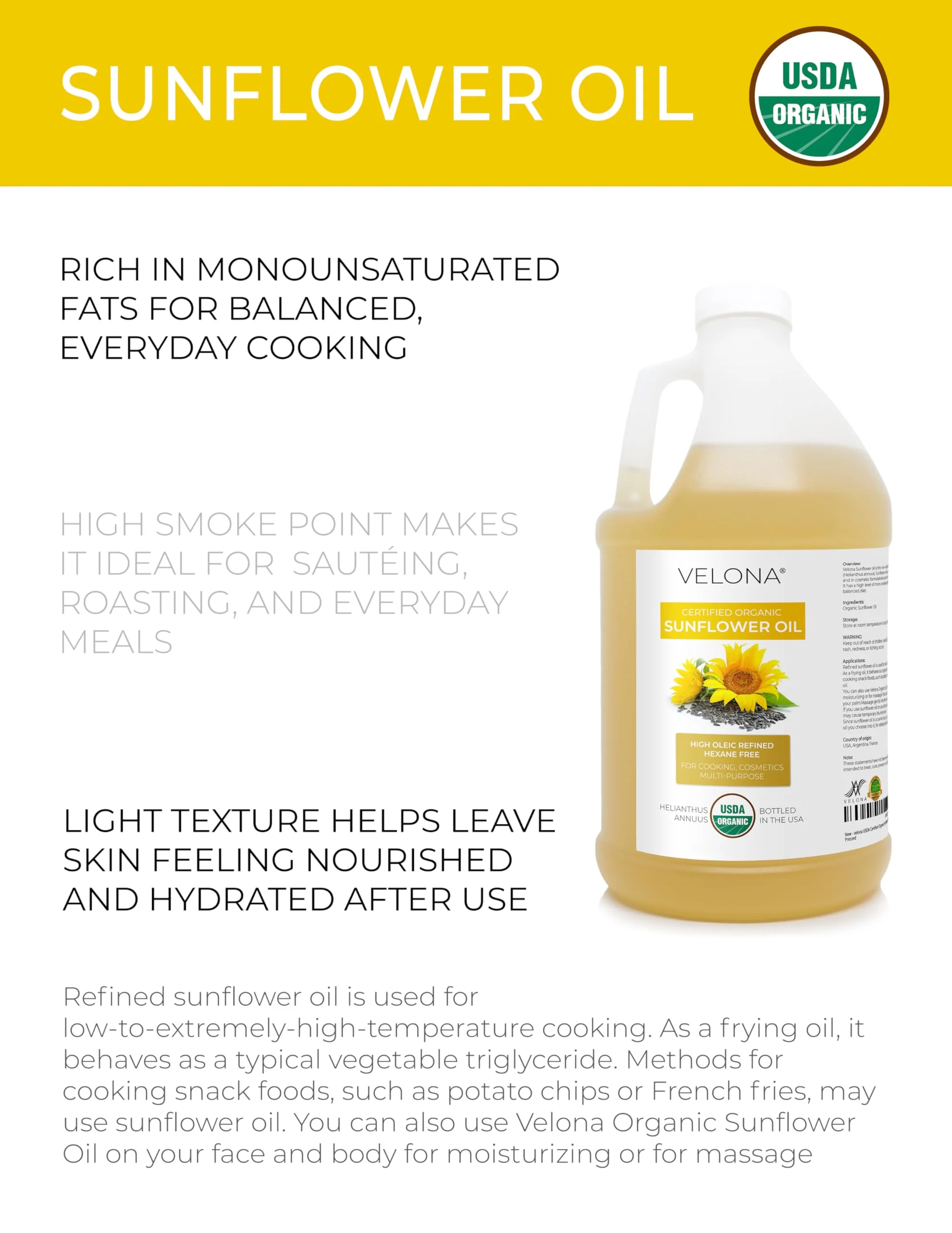 velona USDA Certified Organic Sunflower Oil - 64 Fl Oz | 100% Pure and Natural Carrier Oil | High Oleic, Refined| Cooking, Skin, Hair, Body & Face Moisturizing - Image 5