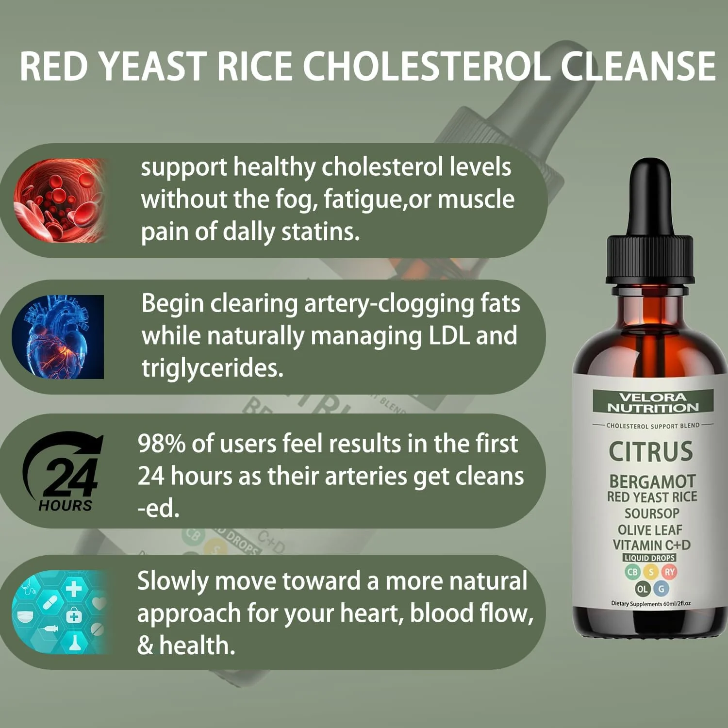 velora Red Yeast Rice Cholesterol Cleans Drops with Citrus, Bergamot, Red Yeast Rice, Soursop, Olive Leaf, Vitamin C+D, Natural, Non-GMO, Vegan 2 fl oz (1pc) - Image 3