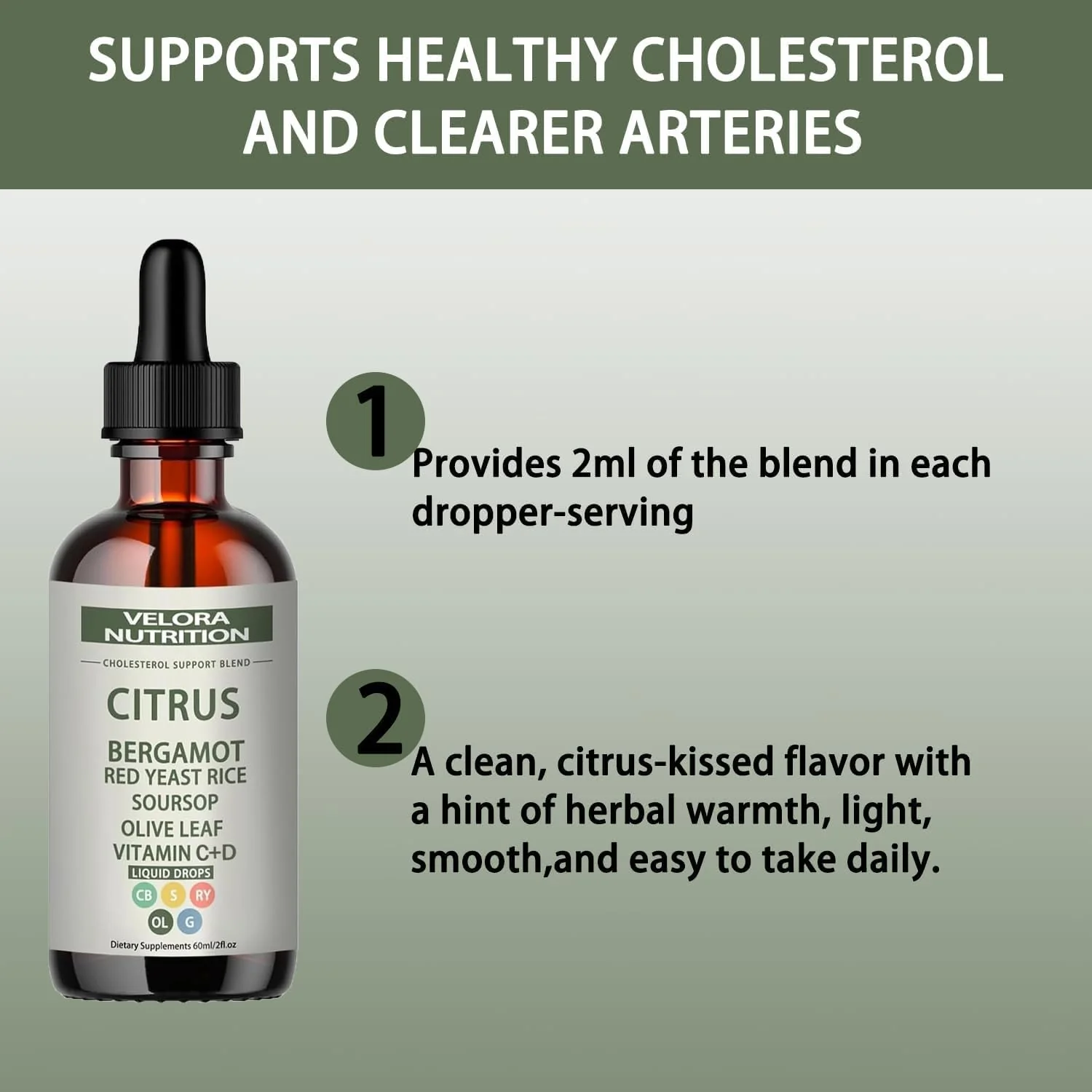 velora Red Yeast Rice Cholesterol Cleans Drops with Citrus, Bergamot, Red Yeast Rice, Soursop, Olive Leaf, Vitamin C+D, Natural, Non-GMO, Vegan 2 fl oz (1pc) - Image 5