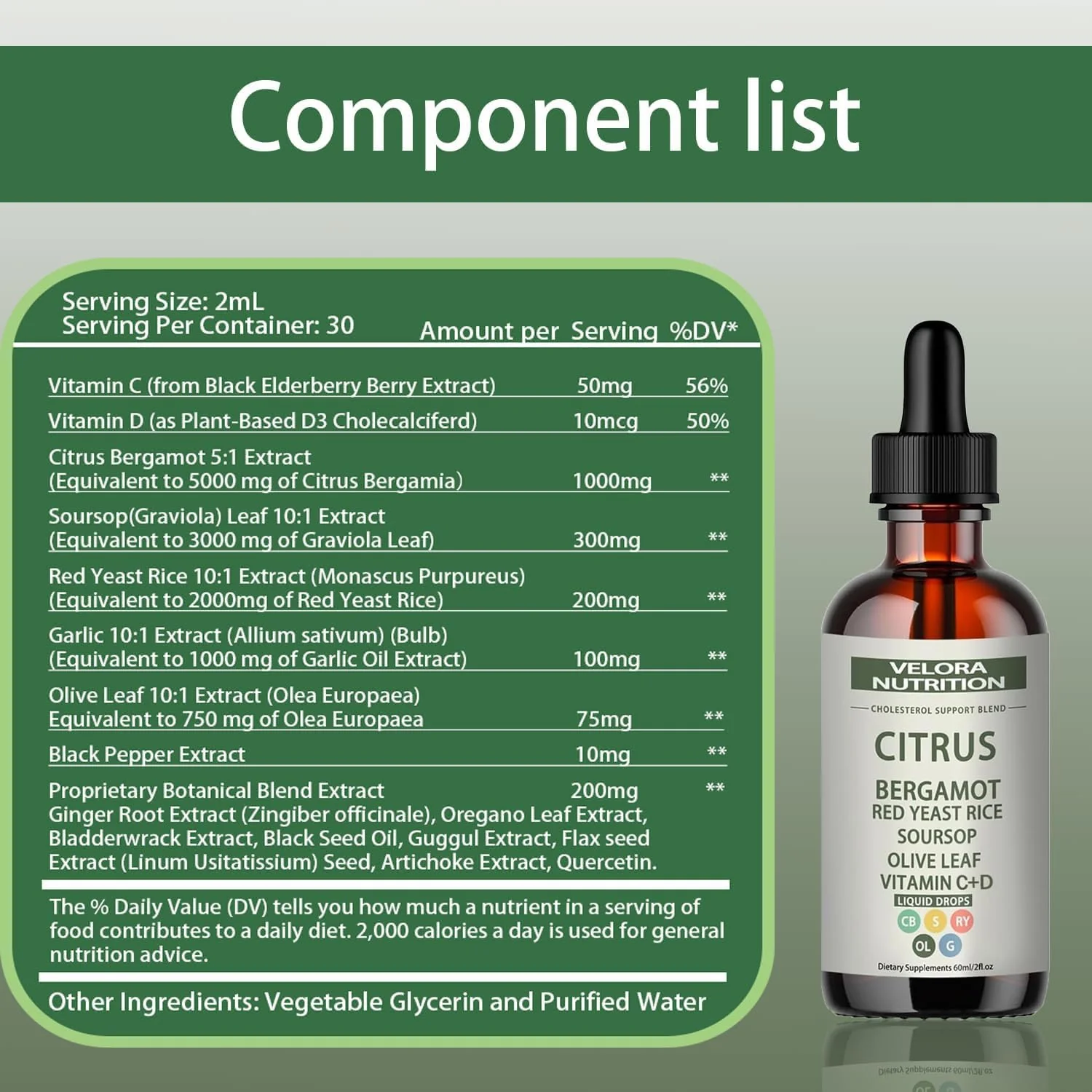 velora Red Yeast Rice Cholesterol Cleans Drops with Citrus, Bergamot, Red Yeast Rice, Soursop, Olive Leaf, Vitamin C+D, Natural, Non-GMO, Vegan 2 fl oz (1pc) - Image 6