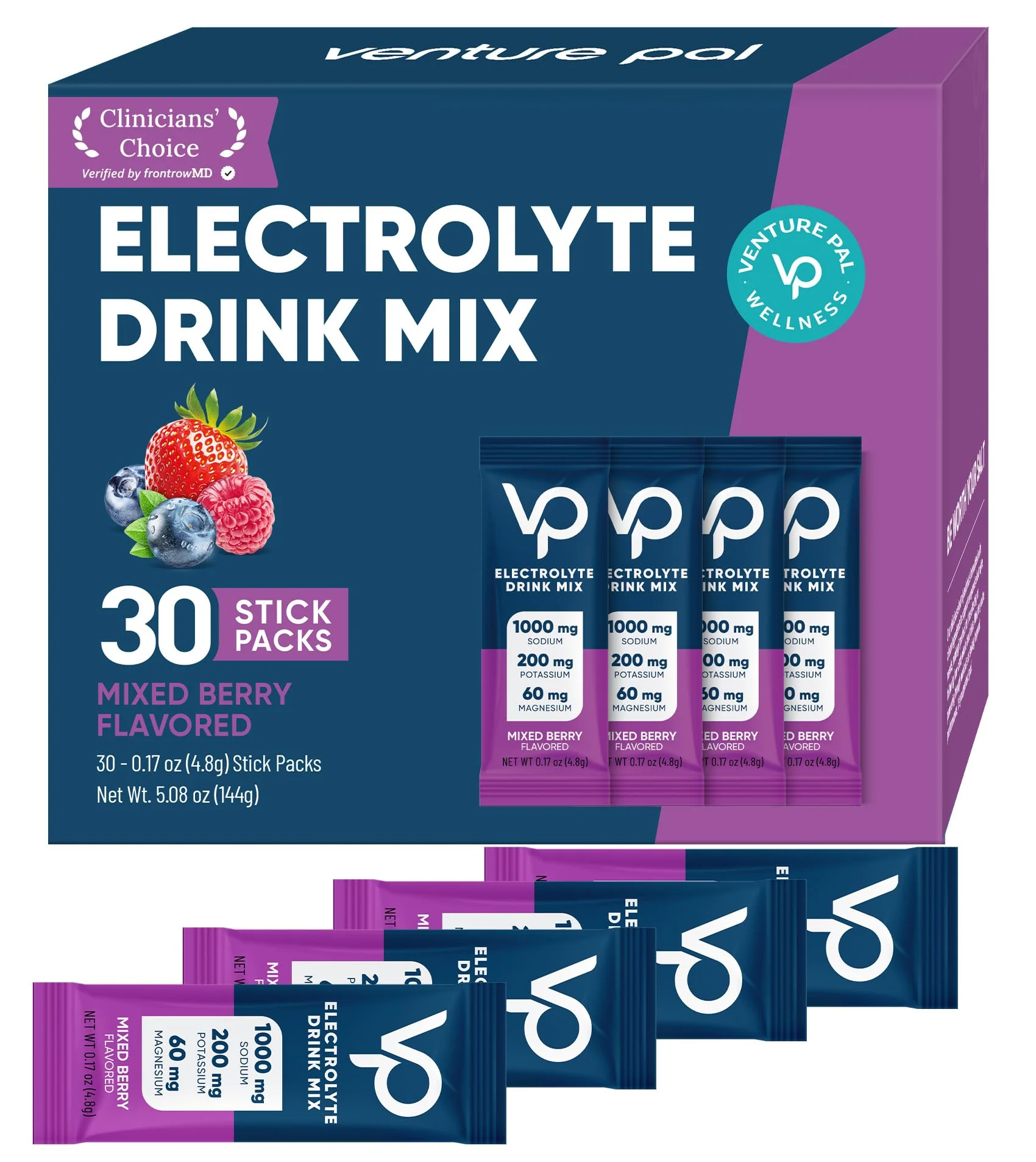 Venture Pal High Sodium Sugar-Free Electrolyte Powder Packets - Hydration Packets with Sodium, Potassium & Magnesium | Zero Calories | Vegan, Keto, and Paleo Friendly | 30 Sticks