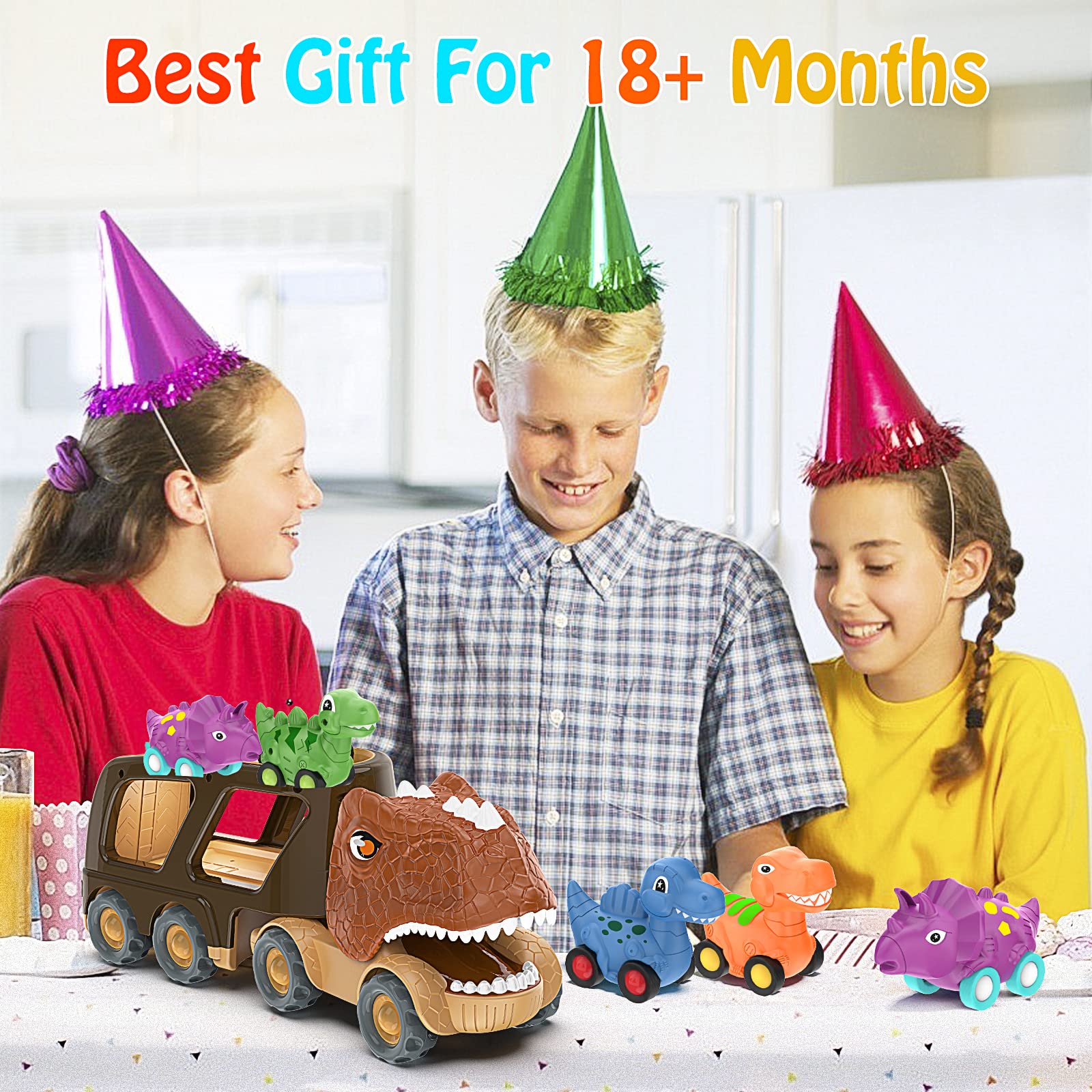 Veslier Dinosaur Car Toy for 2 3 4 5 Years Old Boys, Friction Power Carrier Truck with 4 Pack Small Pull Back Dino Car, Christmas Birthday Gift for 18+ Months Boy Girl Kids Toddlers - Image 2