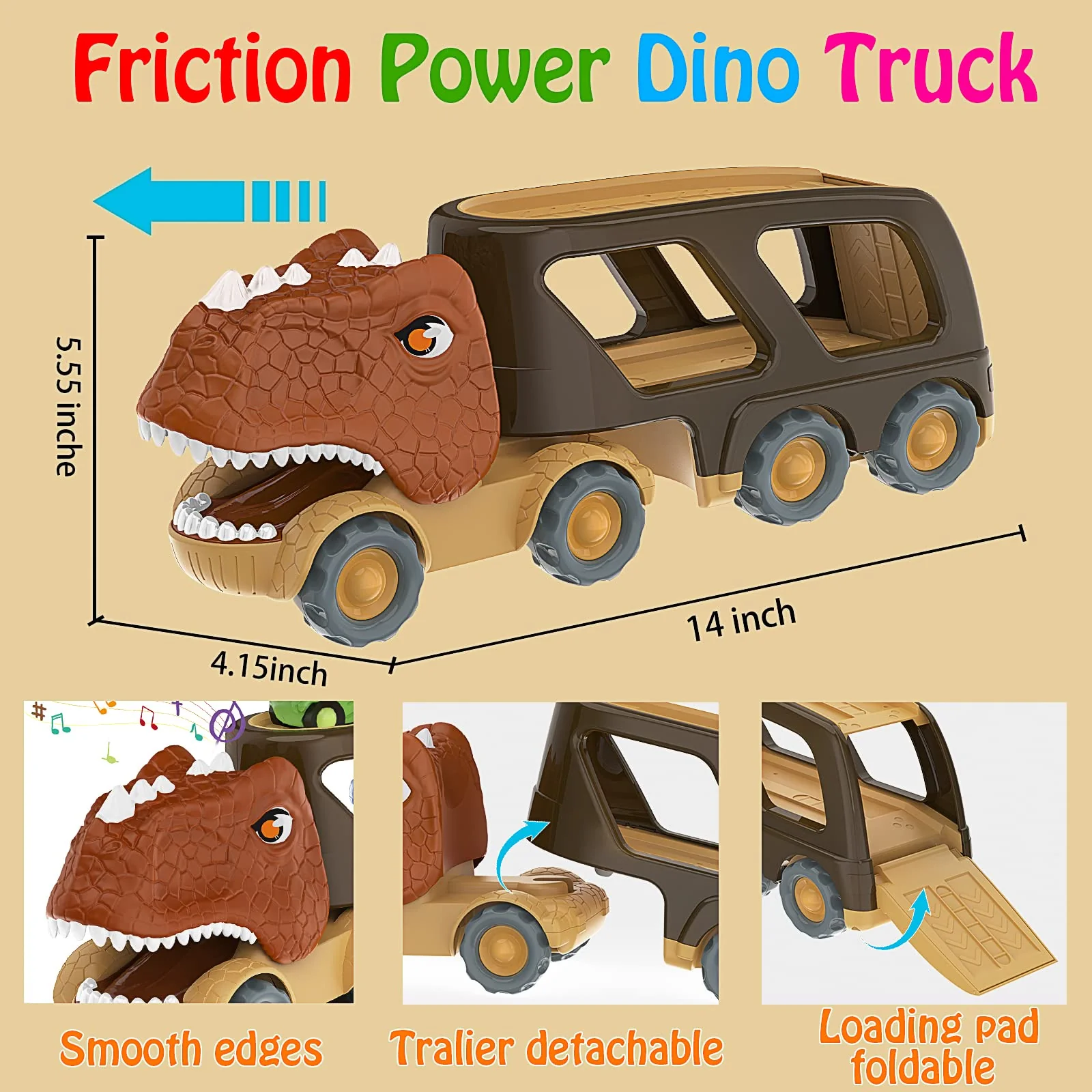 Veslier Dinosaur Car Toy for 2 3 4 5 Years Old Boys, Friction Power Carrier Truck with 4 Pack Small Pull Back Dino Car, Christmas Birthday Gift for 18+ Months Boy Girl Kids Toddlers - Image 5
