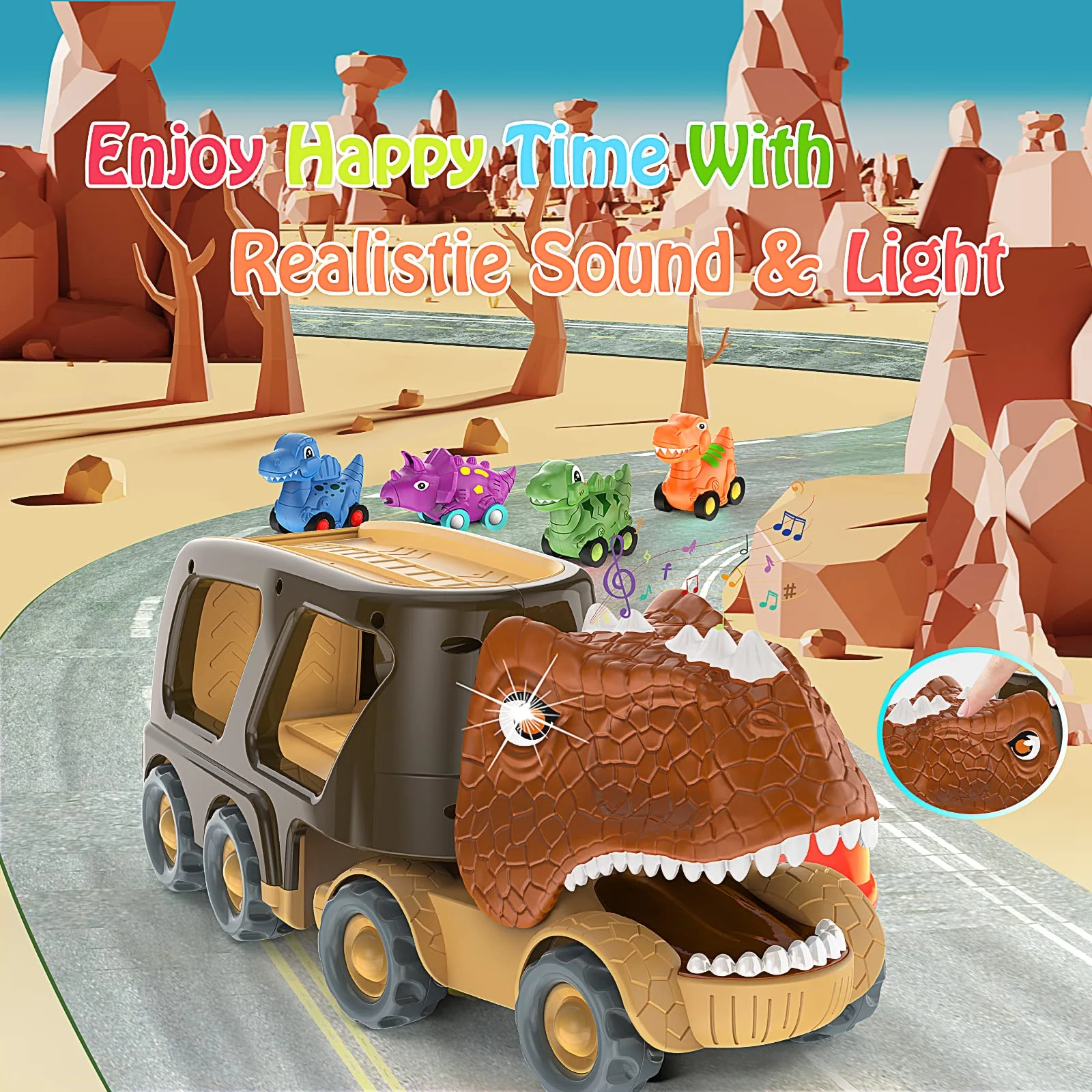 Veslier Dinosaur Car Toy for 2 3 4 5 Years Old Boys, Friction Power Carrier Truck with 4 Pack Small Pull Back Dino Car, Christmas Birthday Gift for 18+ Months Boy Girl Kids Toddlers - Image 6