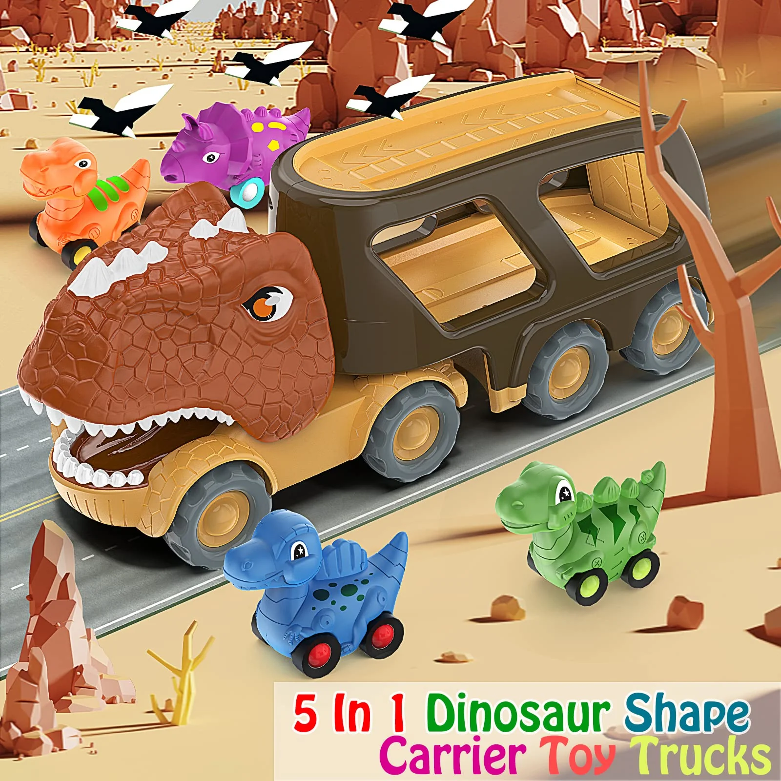 Veslier Dinosaur Car Toy for 2 3 4 5 Years Old Boys, Friction Power Carrier Truck with 4 Pack Small Pull Back Dino Car, Christmas Birthday Gift for 18+ Months Boy Girl Kids Toddlers - Image 7