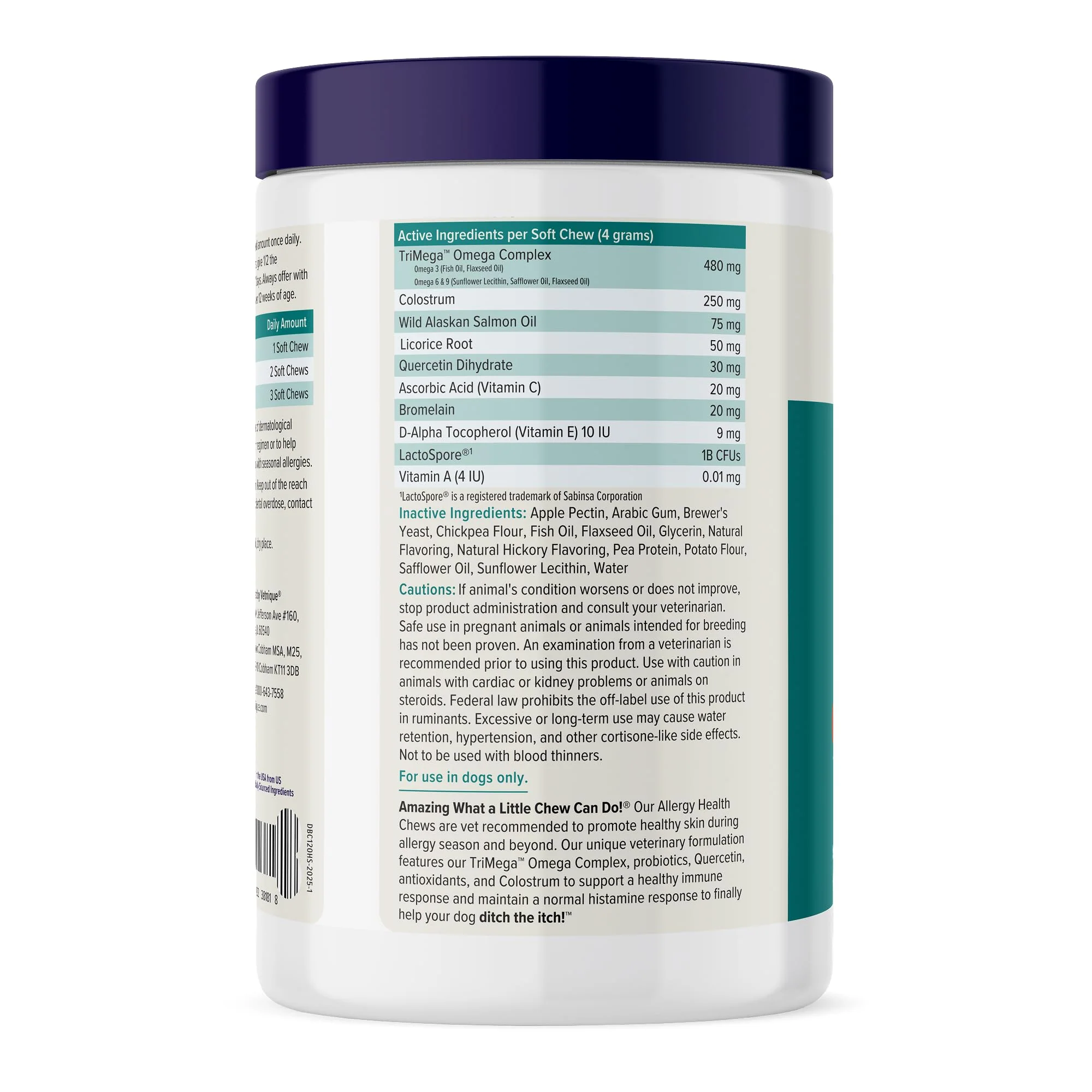 Vetnique DermaBliss Dog Allergy Chews for Seasonal Allergy Itch Relief, Skin & Gut Health with Probiotics and Omega 3 Blend - Advanced or Regular Strength (120ct, Regular Strength Chews) - Image 3