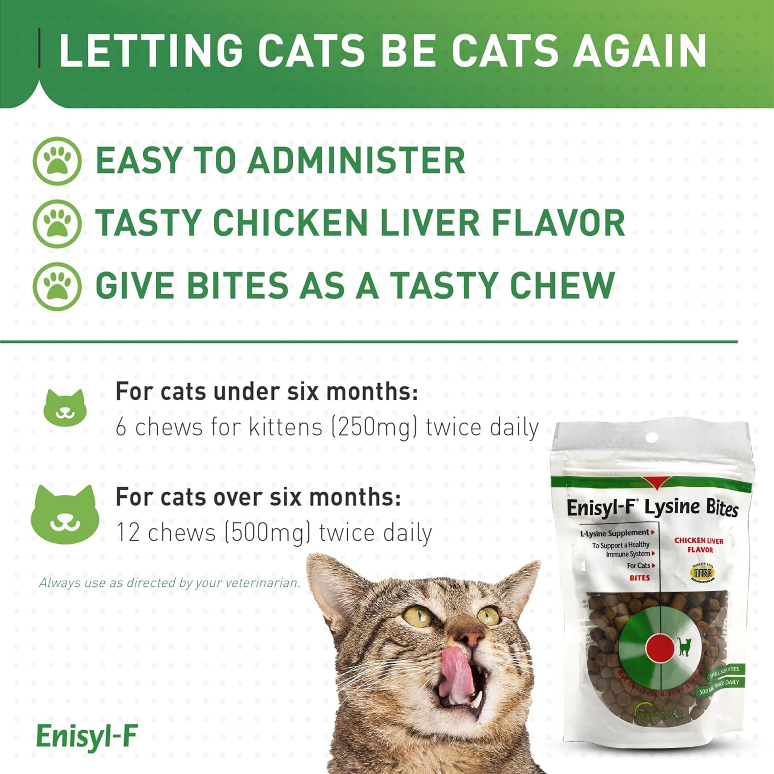 Vetoquinol Enisyl-F Lysine Bites: L-Lysine Chews for Cats & Kittens - Chicken Liver-Flavor, 6.4oz (180g) Recloseable Bag - Image 3