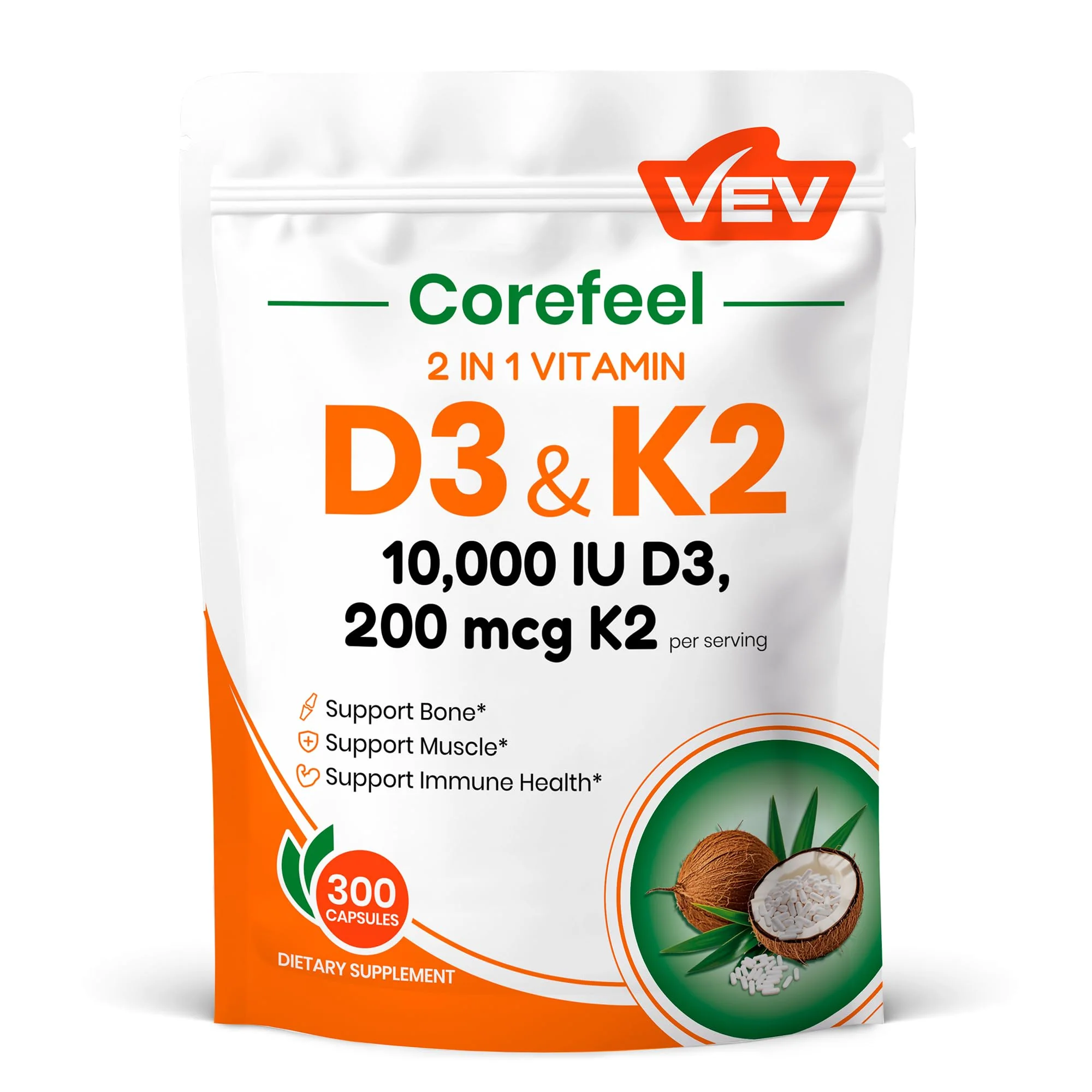 VEV Corefeel Vitamin D3 K2, 10,000 IU D3, 200mcg K2 (with MK7), Supports Bone and Teeth Health, Dual Nutrient Support for Daily Wellness, Easy to Swallow – 300 Capsules