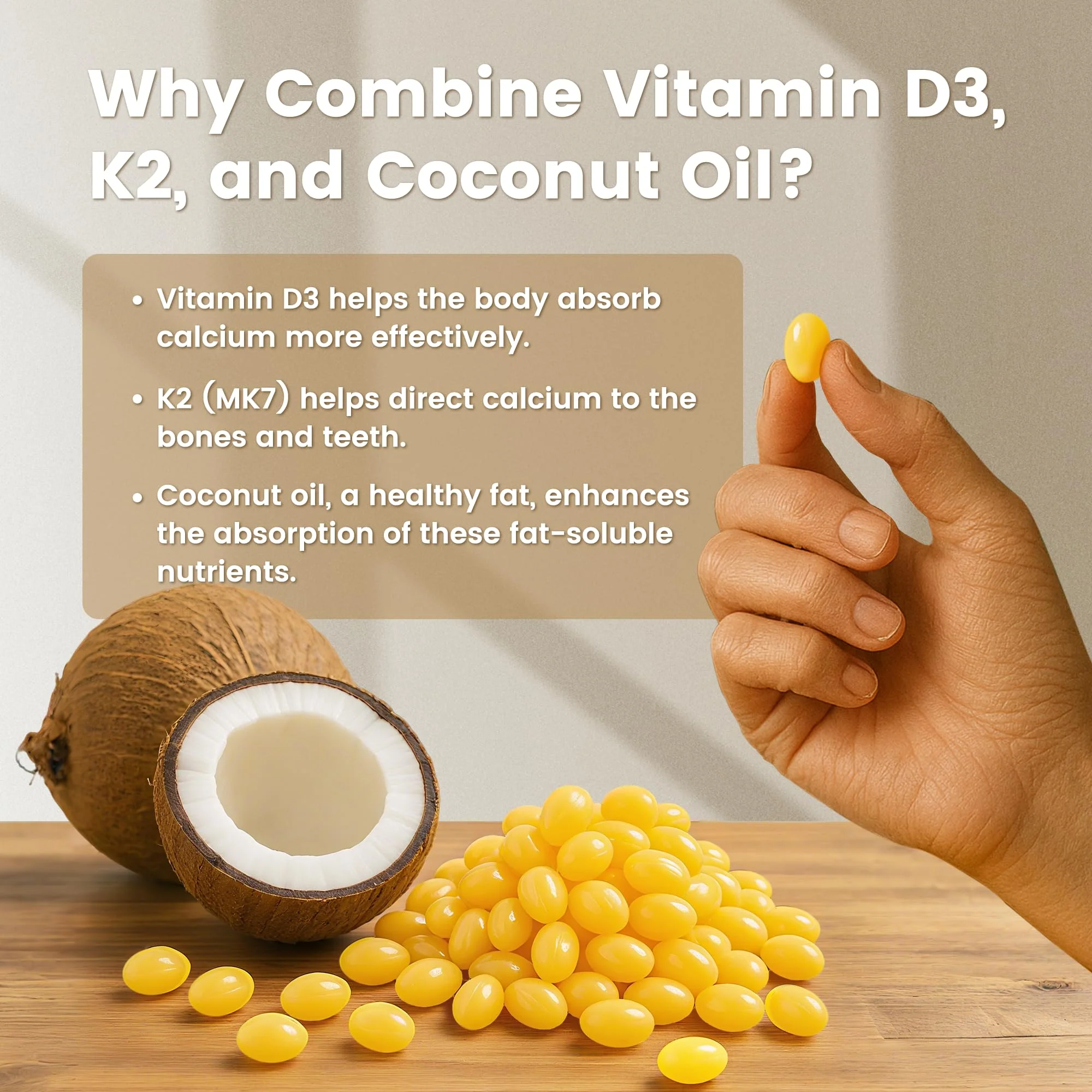 VEV Corefeel Vitamin D3 K2, 5000 IU D3 100mcg K2 (MK 7), 300 Softgels, 2-in-1 Vitamin D & K Supplement with Coconut Oil, Supports Calcium Absorption and Bone Health, Easy to Swallow - Image 4
