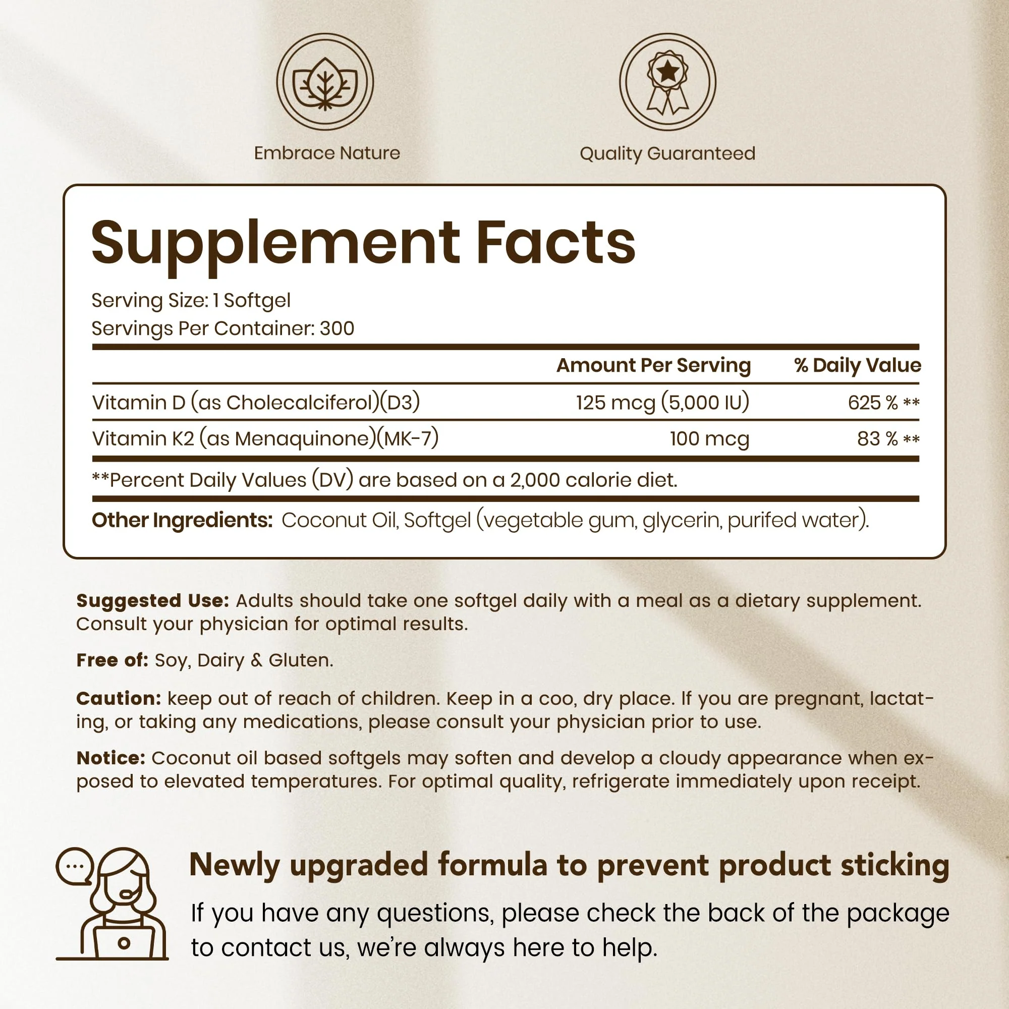 VEV Corefeel Vitamin D3 K2, 5000 IU D3 100mcg K2 (MK 7), 300 Softgels, 2-in-1 Vitamin D & K Supplement with Coconut Oil, Supports Calcium Absorption and Bone Health, Easy to Swallow - Image 6