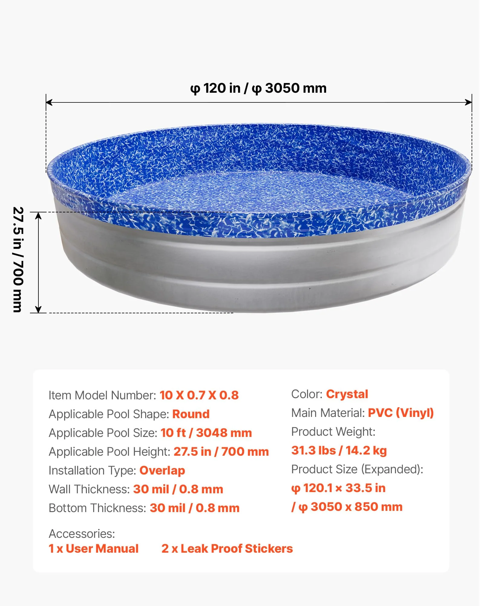 VEVOR 10 ft Round Stock Tank Pool Liner, Overlap Swimming Pool Liner for 27.5 in Wall Height, Extra Thick Heavy Gauge Vinyl, Easy Install with Leak-Proof Patches, Designed for Steel Sided Above-Ground - Image 4