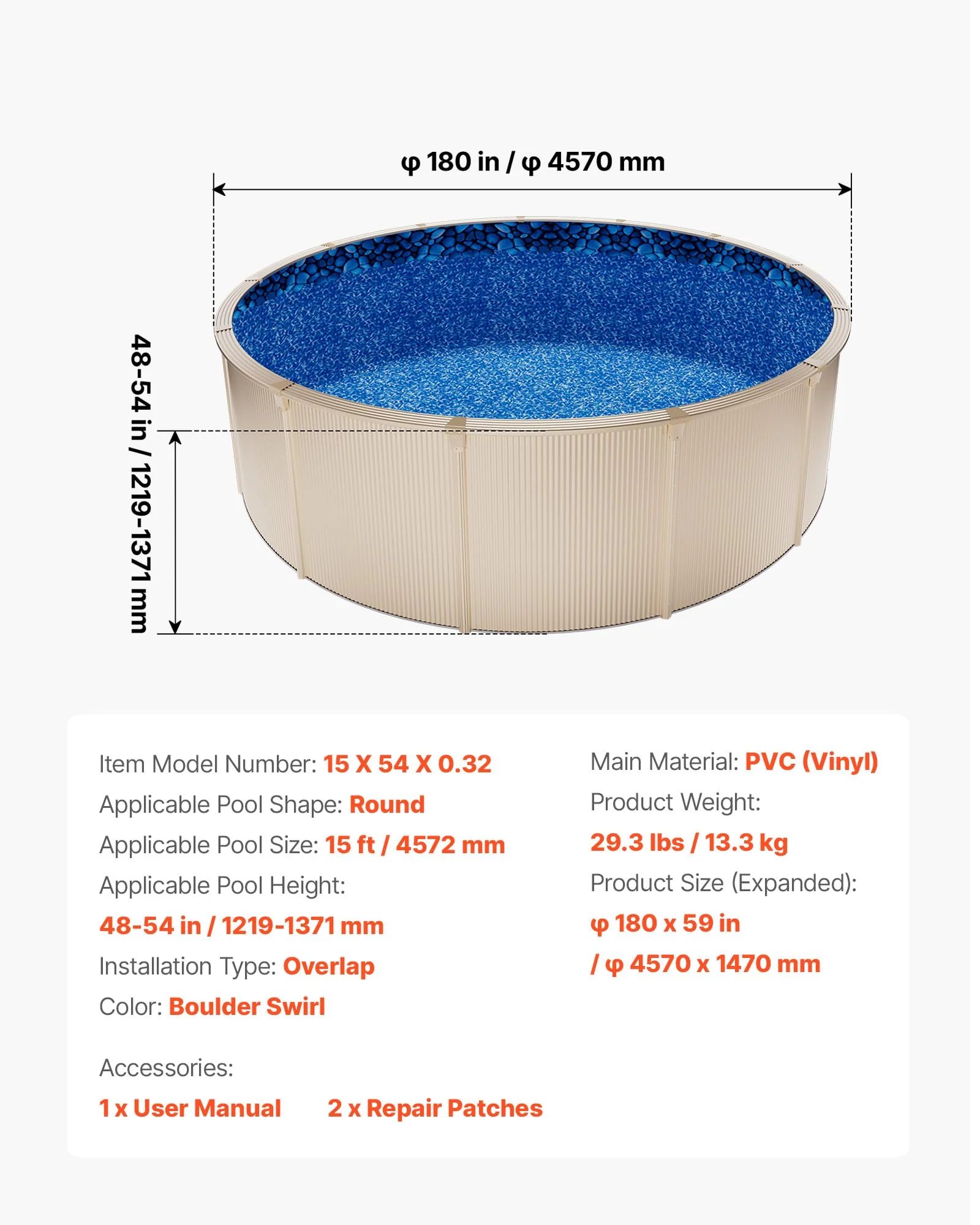 VEVOR 15-ft Round Above Ground Pool Liner, Overlap Pool Liners, Standard Gauge Vinyl, 48-to-54inch Wall Height, Designed for Steel Sided Above-Ground Swimming Pools - Image 4