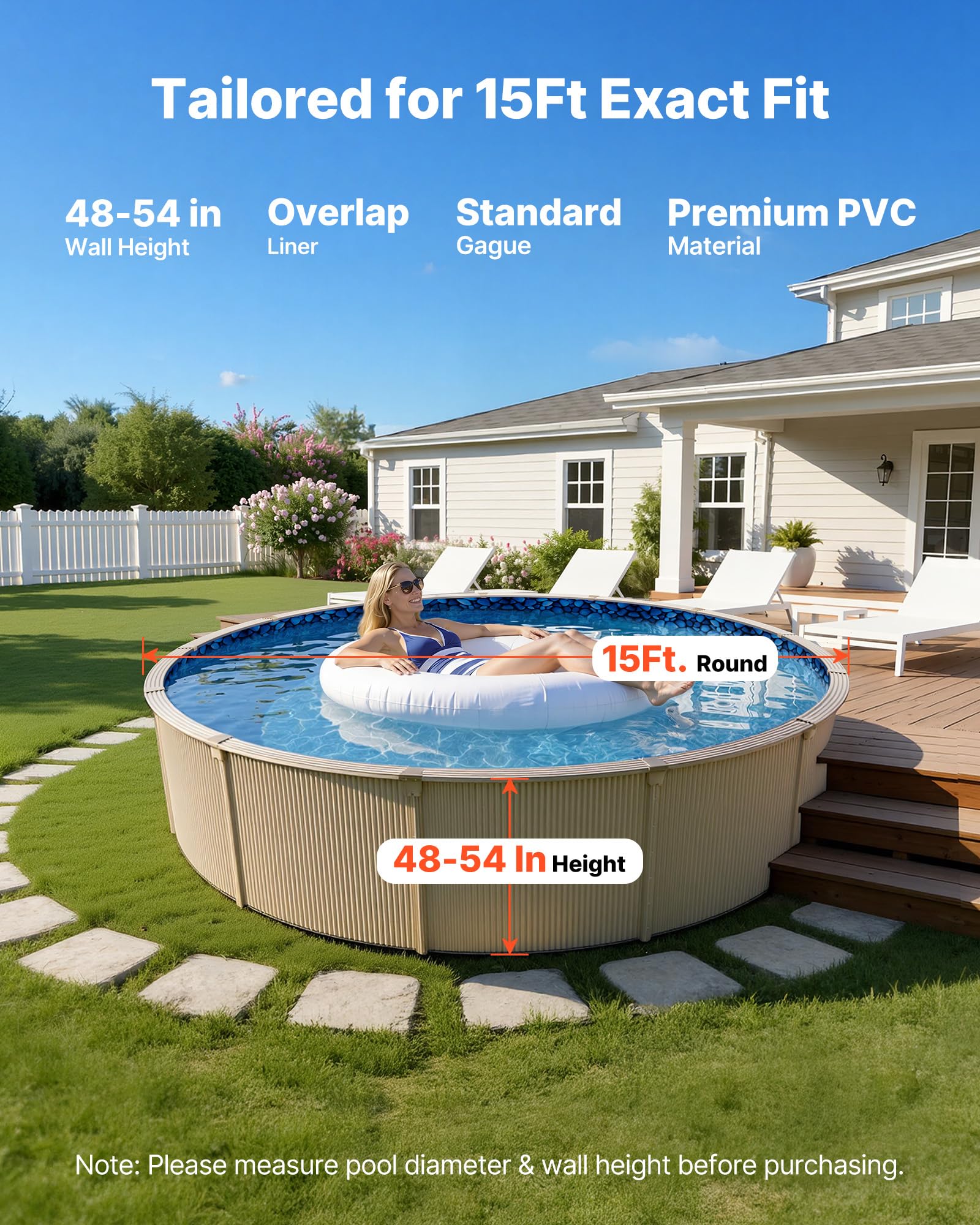 VEVOR 15-ft Round Above Ground Pool Liner, Overlap Pool Liners, Standard Gauge Vinyl, 48-to-54inch Wall Height, Designed for Steel Sided Above-Ground Swimming Pools - Image 9