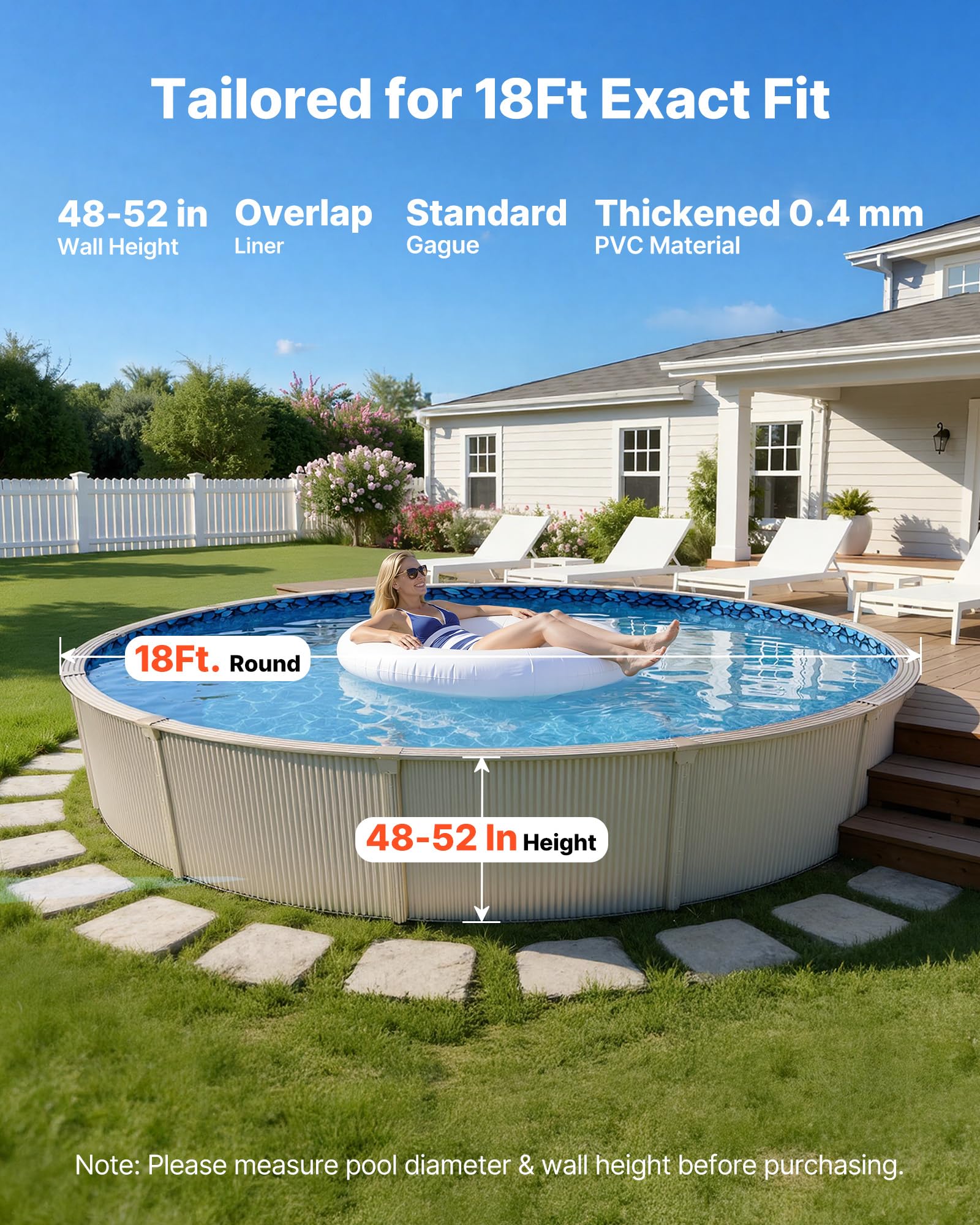 VEVOR 18-ft Round Above Ground Pool Liner, Overlap Pool Liners, Thickend Upgraded Gauge Vinyl, 48-to-54inch Wall Height, Designed for Steel Sided Above-Ground Swimming Pools - Image 9