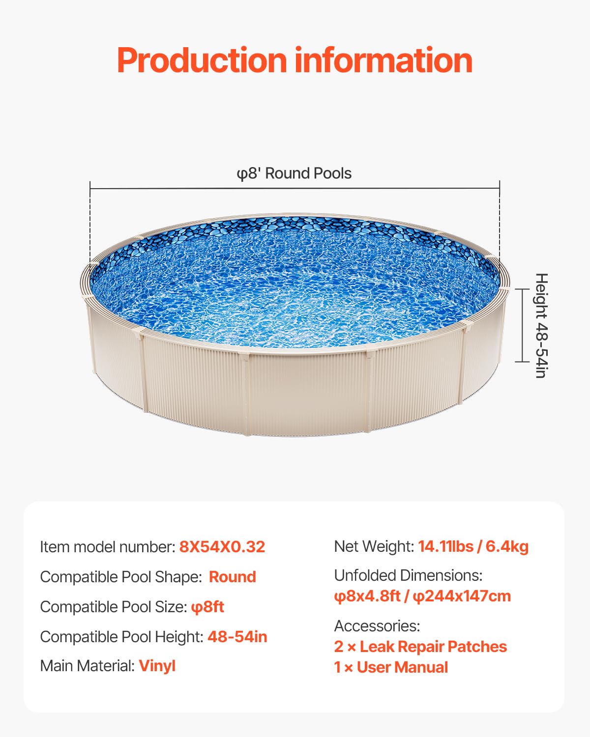 VEVOR 8-ft Round Above Ground Pool Liner, Overlap Pool Liners, Standard Gauge Vinyl, 48-to-54inch Wall Height, Designed for Steel Sided Above-Ground Swimming Pools - Image 4