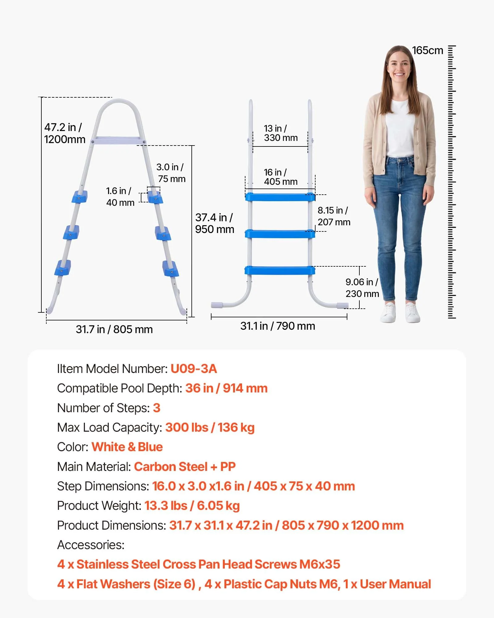 VEVOR Above Ground Pool Ladder, 3-Step Steel A-Frame Swimming Pool Stairs for 36 in High Wall, 300 lbs Capacity Entry/Exit Steps with Secure Non-Slip Sturdy Wide Step, Easy Setup, White & Blue - Image 4