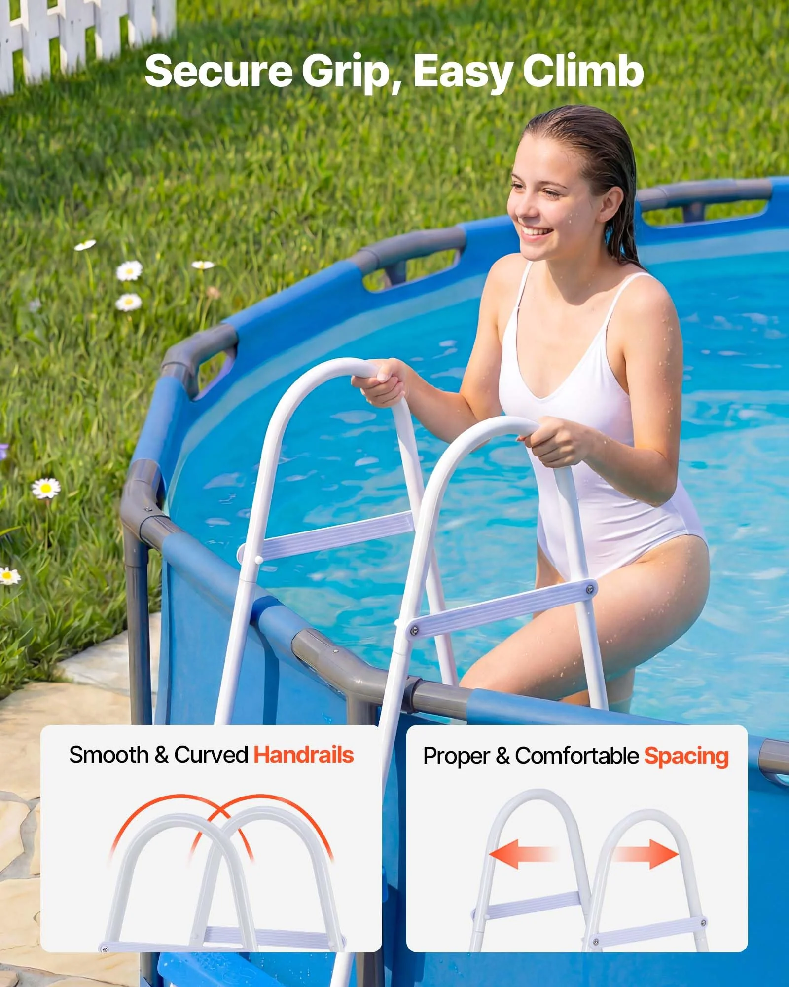 VEVOR Above Ground Pool Ladder, 3-Step Steel A-Frame Swimming Pool Stairs for 36 in High Wall, 300 lbs Capacity Entry/Exit Steps with Secure Non-Slip Sturdy Wide Step, Easy Setup, White & Blue - Image 6