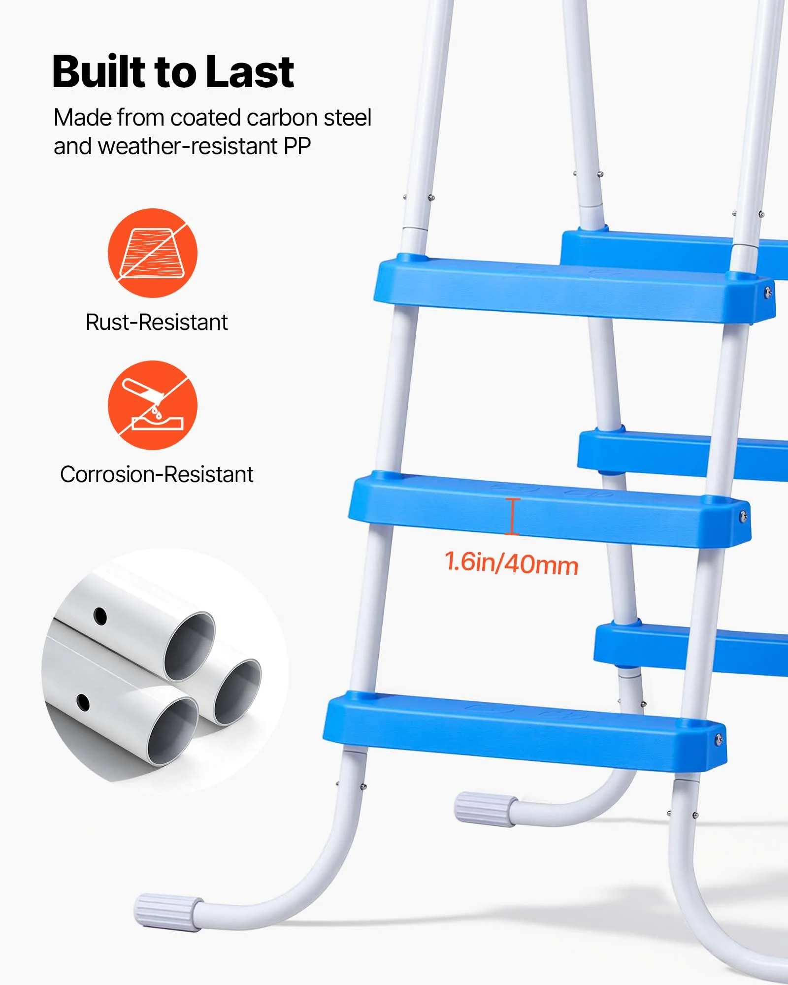 VEVOR Above Ground Pool Ladder, 3-Step Steel A-Frame Swimming Pool Stairs for 36 in High Wall, 300 lbs Capacity Entry/Exit Steps with Secure Non-Slip Sturdy Wide Step, Easy Setup, White & Blue - Image 7