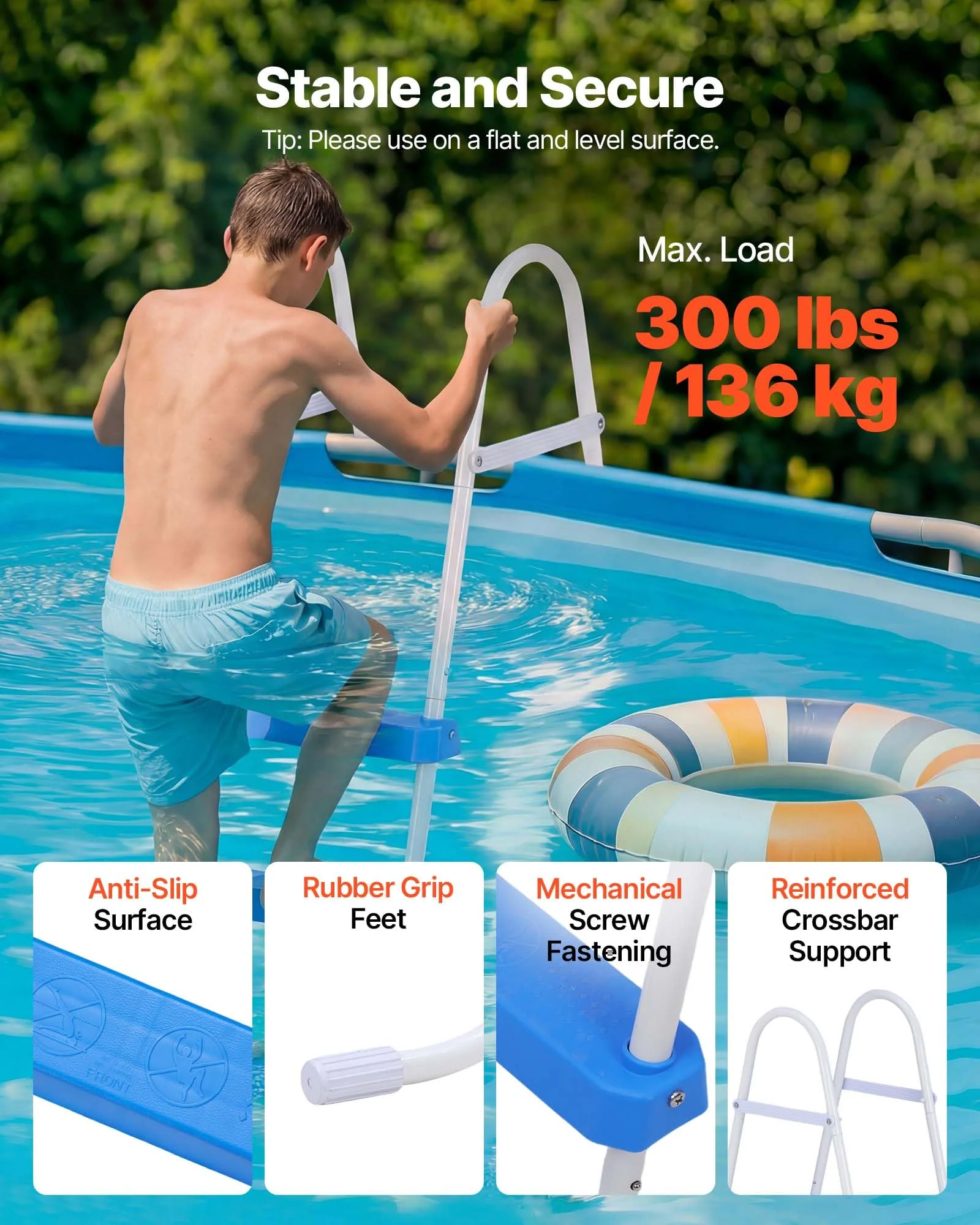 VEVOR Above Ground Pool Ladder, 3-Step Steel A-Frame Swimming Pool Stairs for 36 in High Wall, 300 lbs Capacity Entry/Exit Steps with Secure Non-Slip Sturdy Wide Step, Easy Setup, White & Blue - Image 8