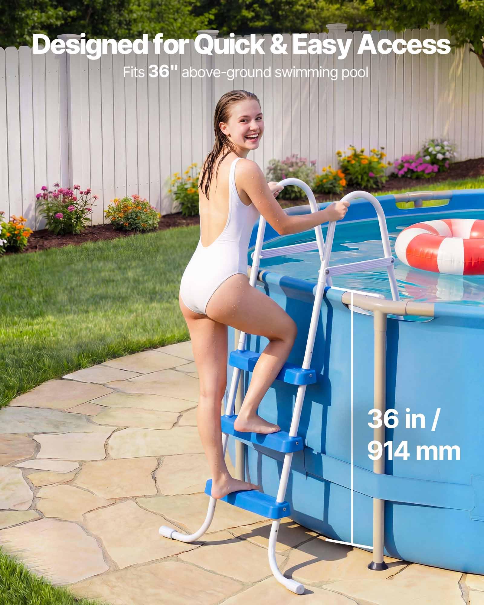 VEVOR Above Ground Pool Ladder, 3-Step Steel A-Frame Swimming Pool Stairs for 36 in High Wall, 300 lbs Capacity Entry/Exit Steps with Secure Non-Slip Sturdy Wide Step, Easy Setup, White & Blue - Image 9