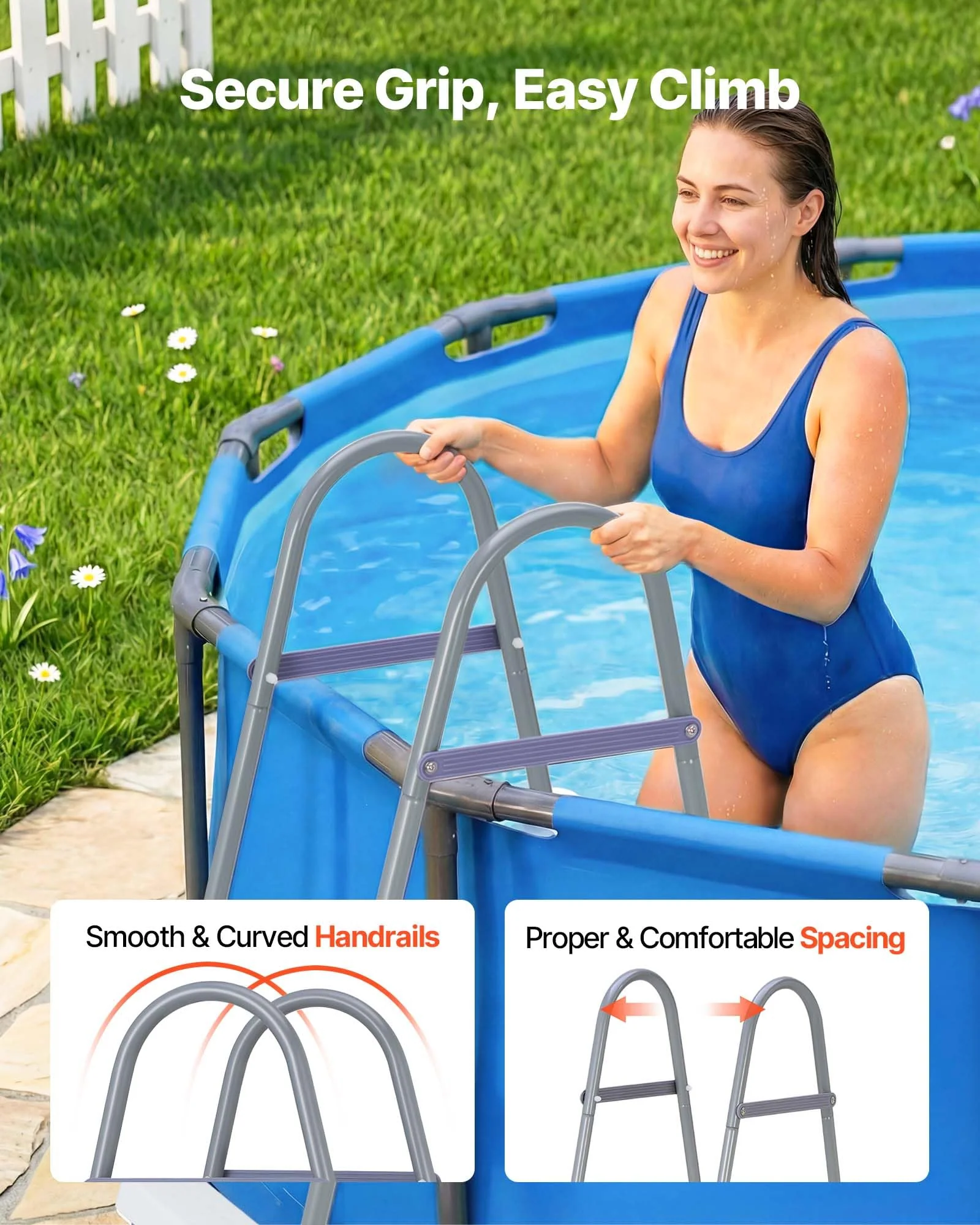 VEVOR Above Ground Pool Ladder, 4-Step Steel A-Frame Swimming Pool Stairs for 48 in High Wall, 300 lbs Capacity Entry/Exit Steps with Secure Non-Slip Sturdy Wide Step, Easy Setup, Gray & White - Image 6
