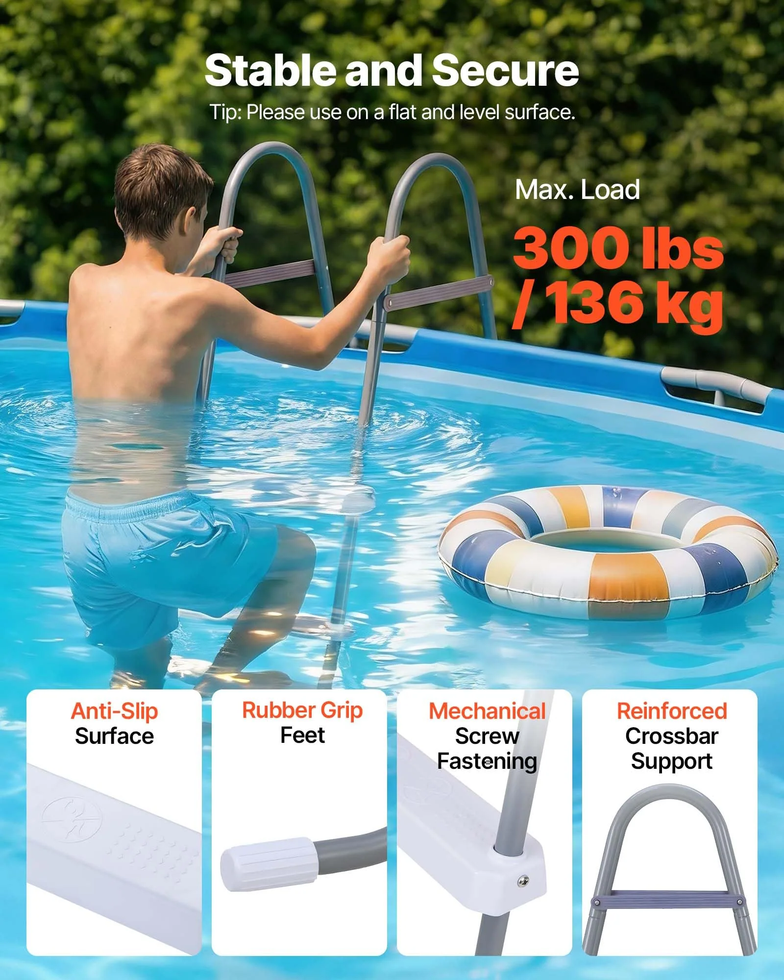 VEVOR Above Ground Pool Ladder, 4-Step Steel A-Frame Swimming Pool Stairs for 48 in High Wall, 300 lbs Capacity Entry/Exit Steps with Secure Non-Slip Sturdy Wide Step, Easy Setup, Gray & White - Image 8