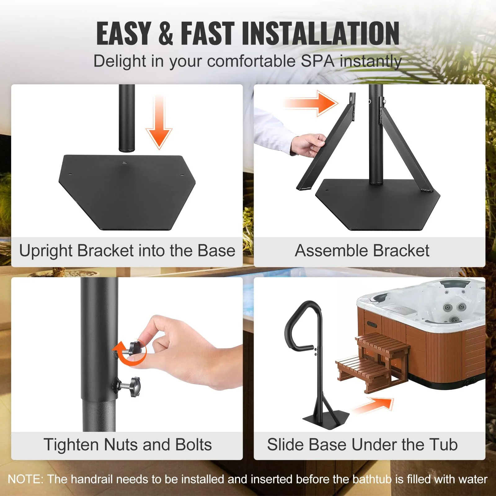 VEVOR Hot Tub Handrail, 360 Rotatable Spa Side Handrail with 35"-57" Adjustable Height, Rust-Proof Aluminum Spa Hot Tub Hand Rail with Slide-Under Mount Base for Indoor & Outdoor, 600LBS Capacity - Image 3