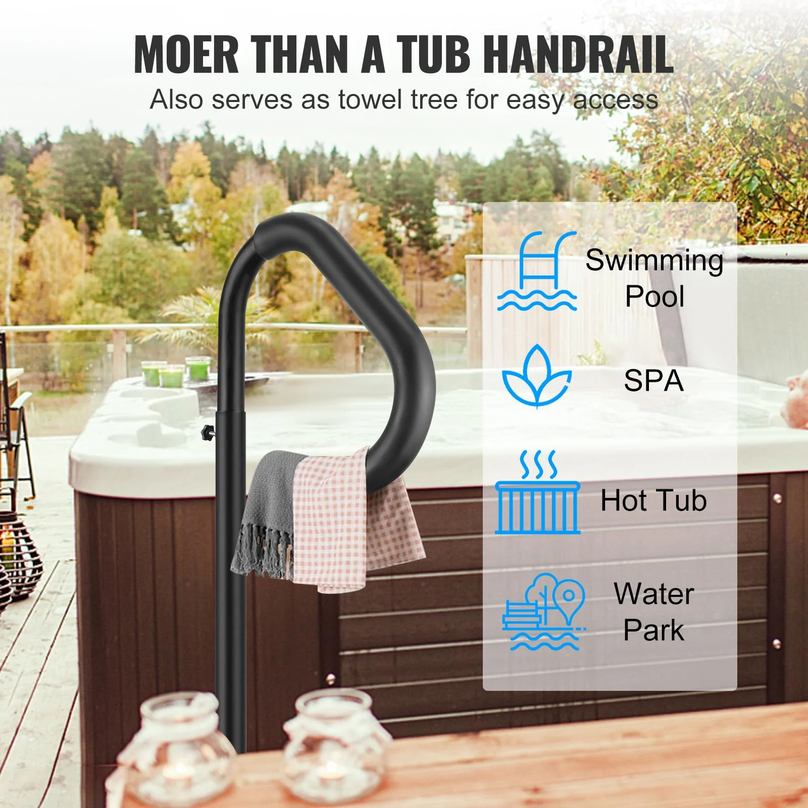 VEVOR Hot Tub Handrail, 360 Rotatable Spa Side Handrail with 48"-63" Adjustable Height, Rust-Proof Aluminum Spa Hot Tub Hand Rail with Slide-Under Mount Base for Indoor & Outdoor, 600LBS Capacity - Image 6
