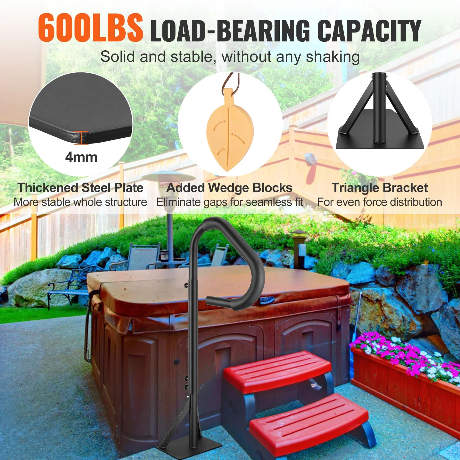 VEVOR Hot Tub Handrail, 360 Rotatable Spa Side Handrail with 48"-63" Adjustable Height, Rust-Proof Aluminum Spa Hot Tub Hand Rail with Slide-Under Mount Base for Indoor & Outdoor, 600LBS Capacity - Image 8