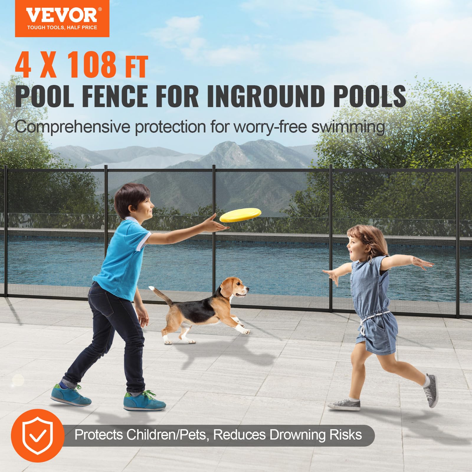 VEVOR Pool Fence, 4 x 108 FT Pool Fences for Inground Pools, Removable Safety Pool Fencing, Easy DIY Installation Swimming Pool Fence, 340gms Teslin PVC Pool Fence Mesh Protects Kids and Pets - Image 9