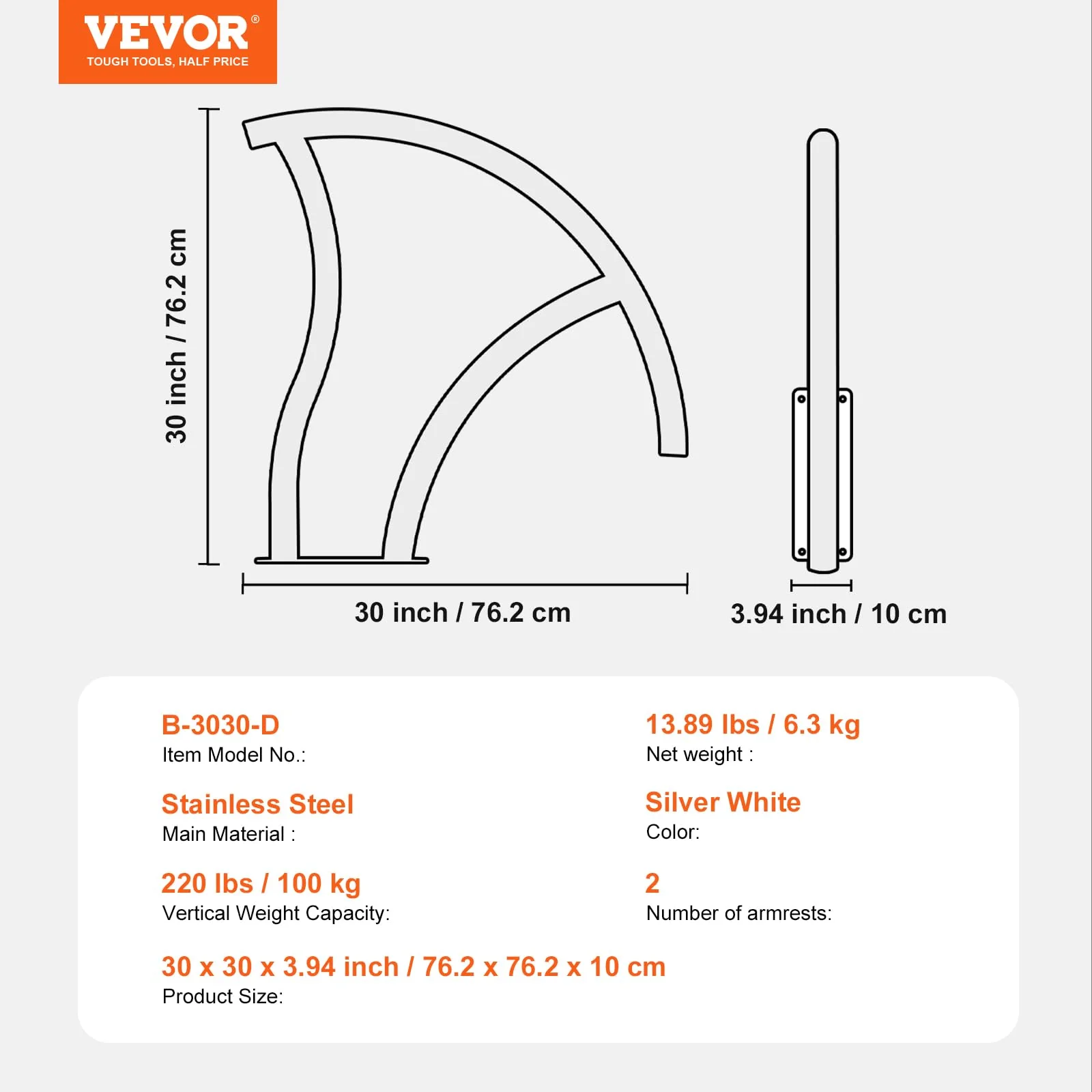 VEVOR Pool Handrail, 2 PCS 30x30 in Railing, Stainless Steel with Base Plate for Indoor/Outdoor, Safety Railing for Decks, Rust-Proof Grab Bar w/Grip Cover & Accessories for Spas - Image 4