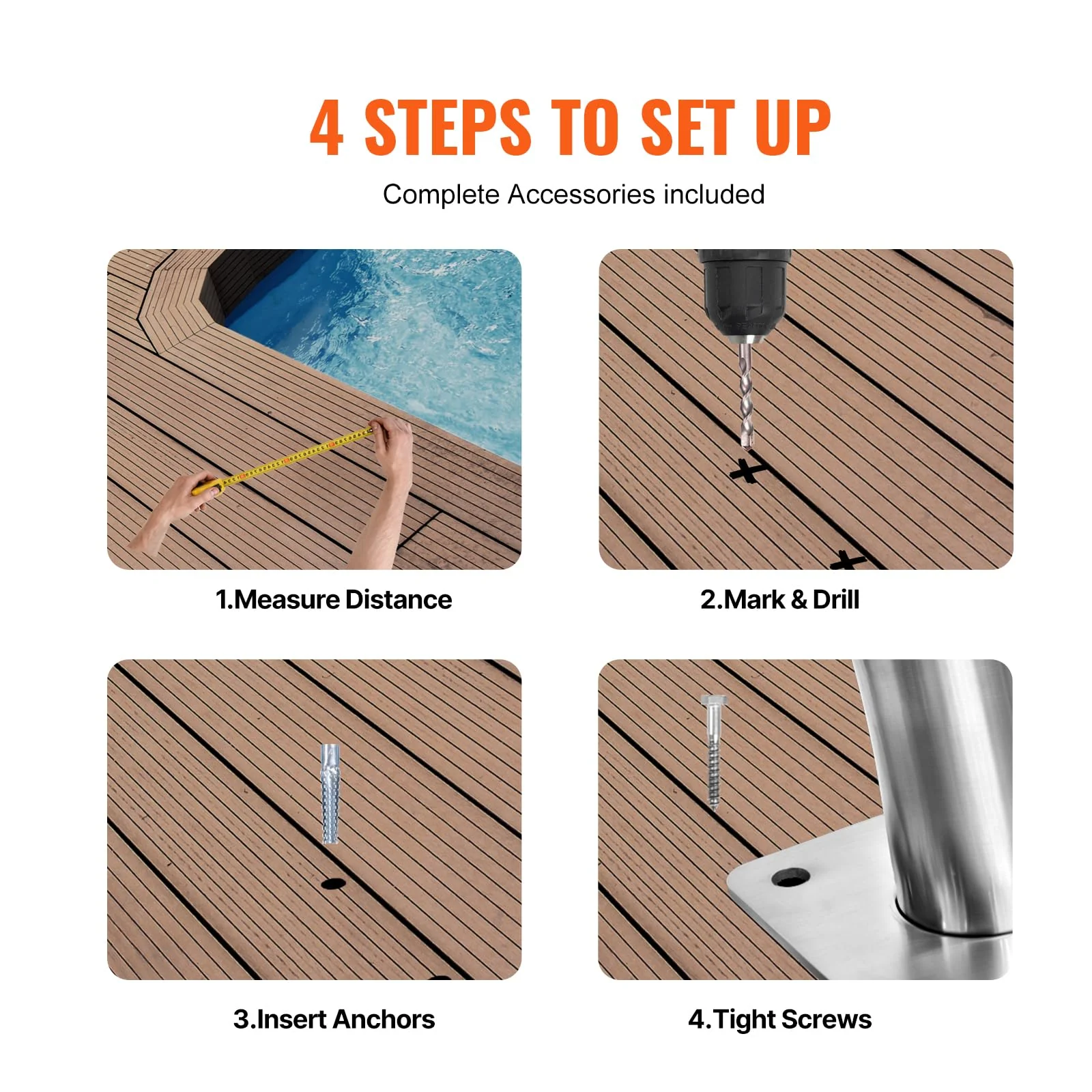 VEVOR Pool Handrail, 2 PCS 30x30 in Railing, Stainless Steel with Base Plate for Indoor/Outdoor, Safety Railing for Decks, Rust-Proof Grab Bar w/Grip Cover & Accessories for Spas - Image 6