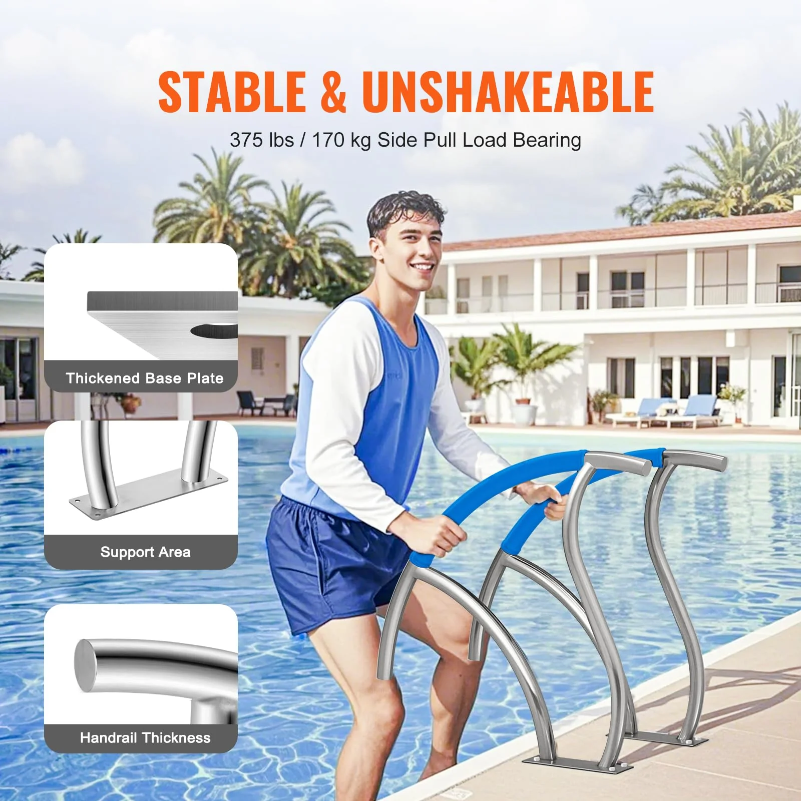 VEVOR Pool Handrail, 2 PCS 30x30 in Railing, Stainless Steel with Base Plate for Indoor/Outdoor, Safety Railing for Decks, Rust-Proof Grab Bar w/Grip Cover & Accessories for Spas - Image 8