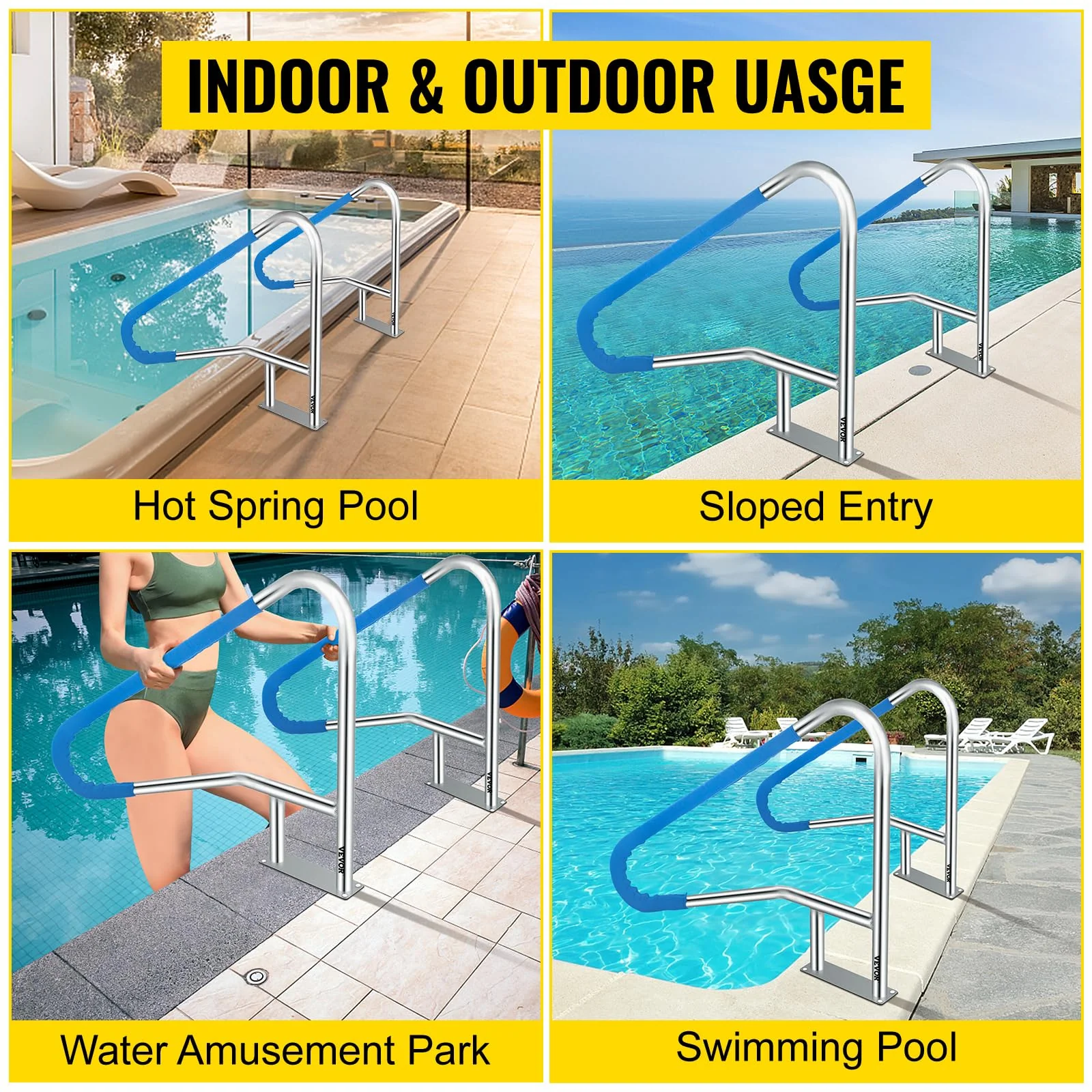 VEVOR Pool Rail 55x32 Pool Railing 304 Stainless Steel 250LBS Load Capacity Silver Rustproof Pool Handrail Humanized Swimming Pool Handrail with Blue Grip Cover & M8 Drill Bit & Self-Taping Screws - Image 2